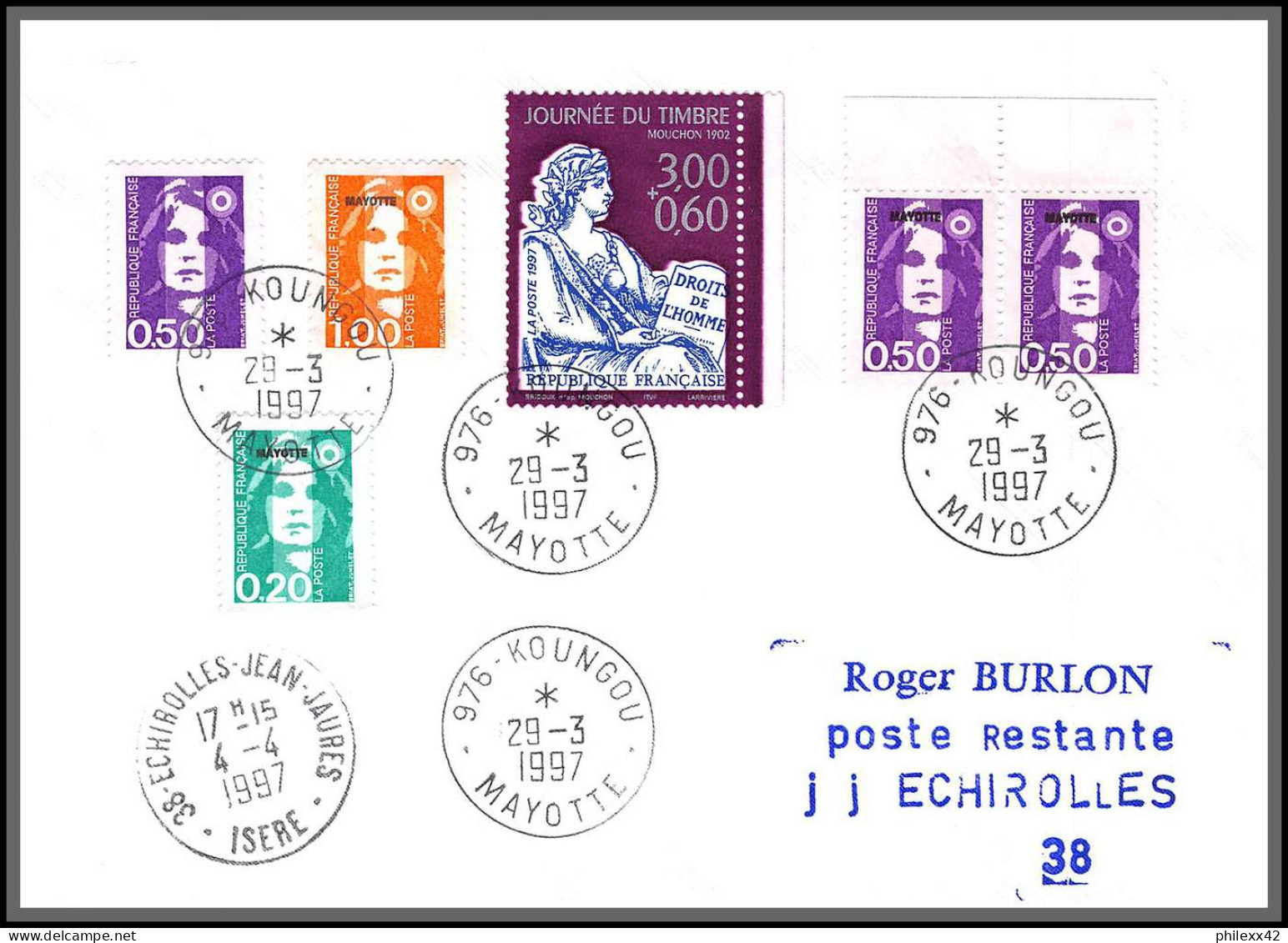 74103 Mixte Marianne Bicentenaire 29/3/1997 Koungou Mayotte Echirolles Isère Lettre Cover Colonies  - Briefe U. Dokumente