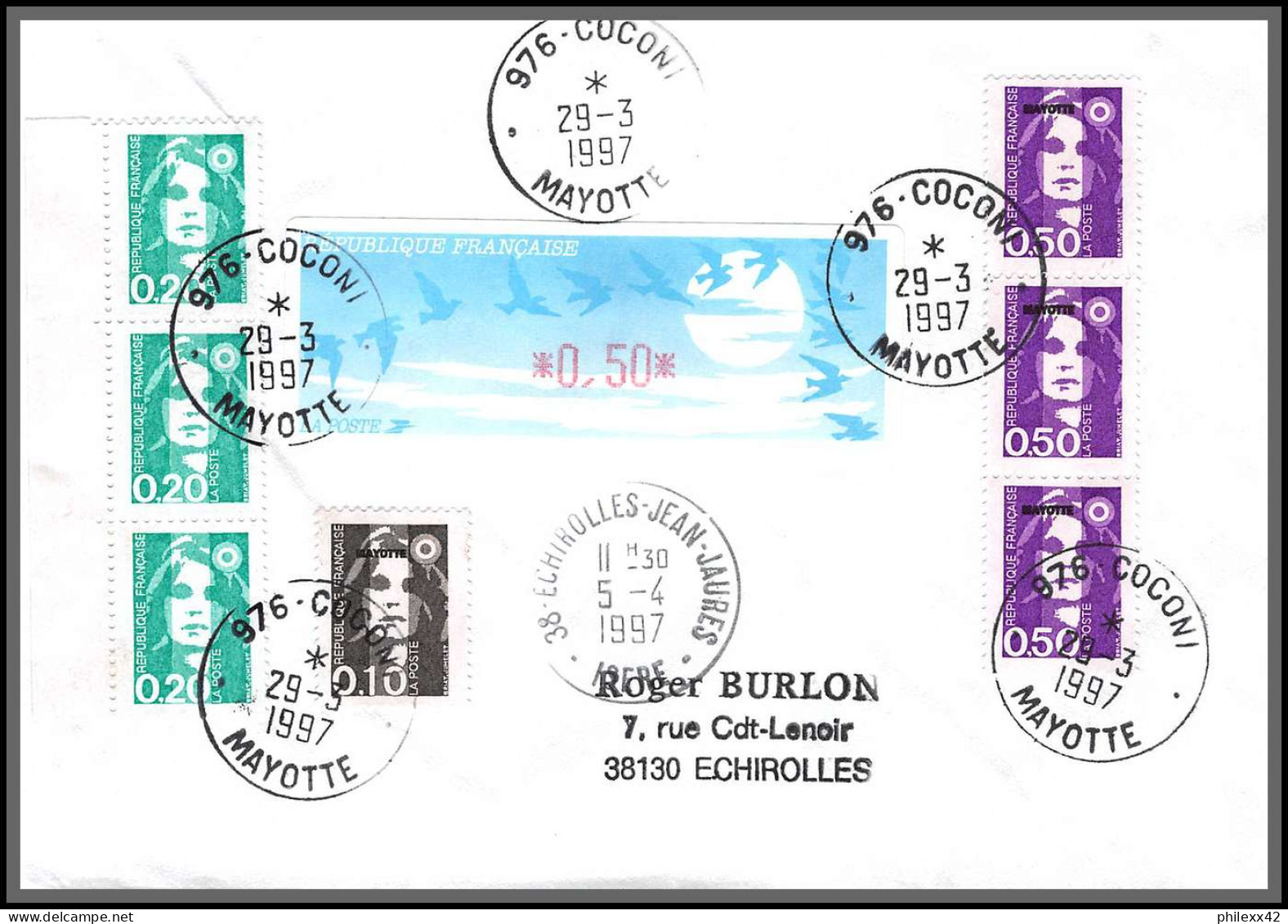 74105 Mixte Atm Marianne Bicentenaire 29/3/1997 Coconi Mayotte Echirolles Isère Lettre Cover Colonies  - Briefe U. Dokumente