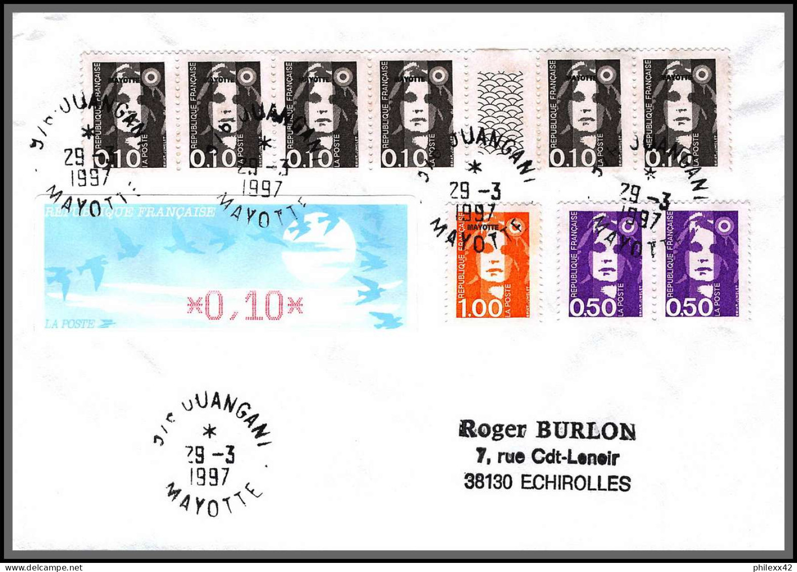 74174 Dernier Jour De Tolérance Mixte Atm Briat 29/3/1997 Ouangani Mayotte Echirolles Isère Lettre - Storia Postale