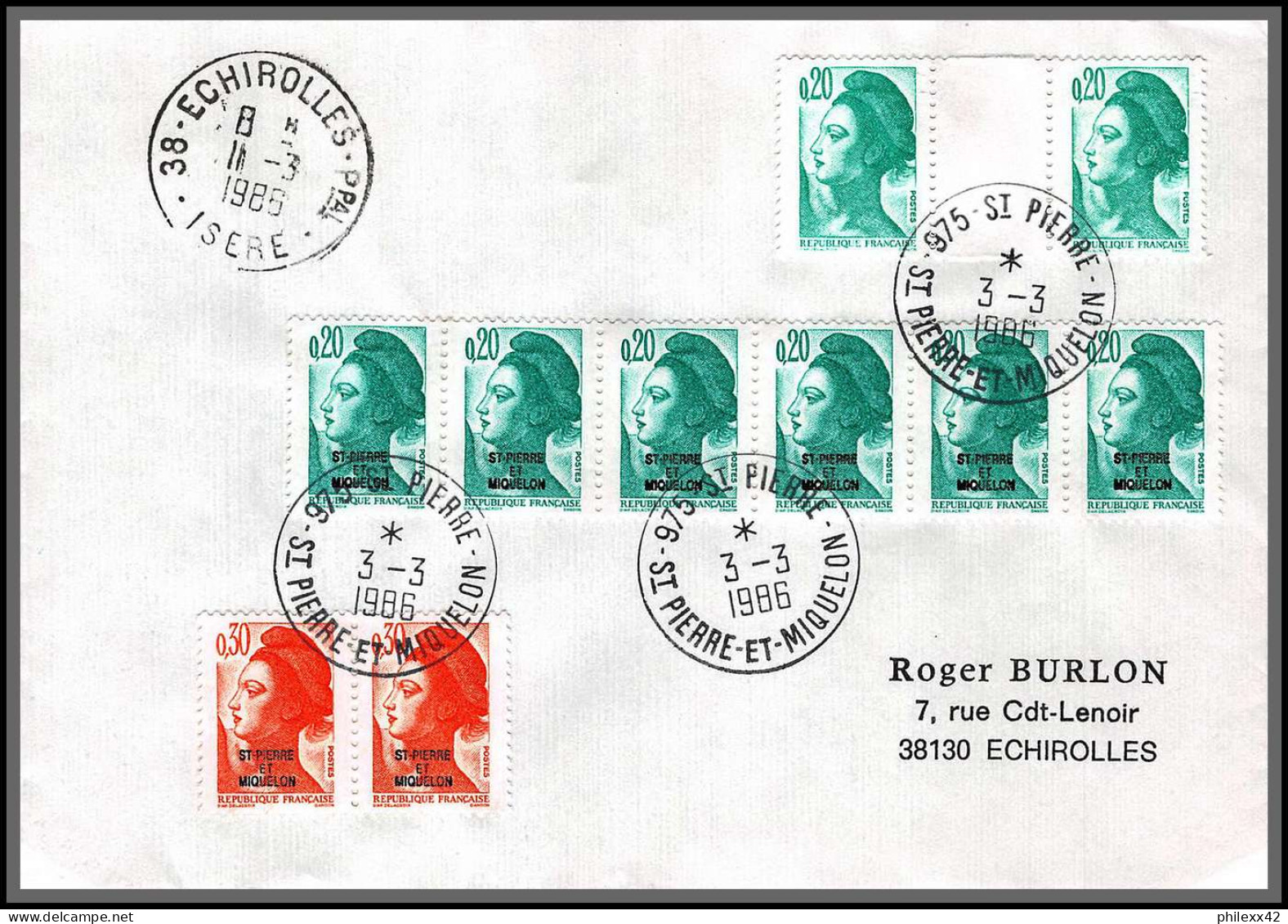 74646 3/3/1986 Liberté Saint Pierre Et Miquelon Mixte Echirolles Isère Lettre Cover Colonies - Covers & Documents