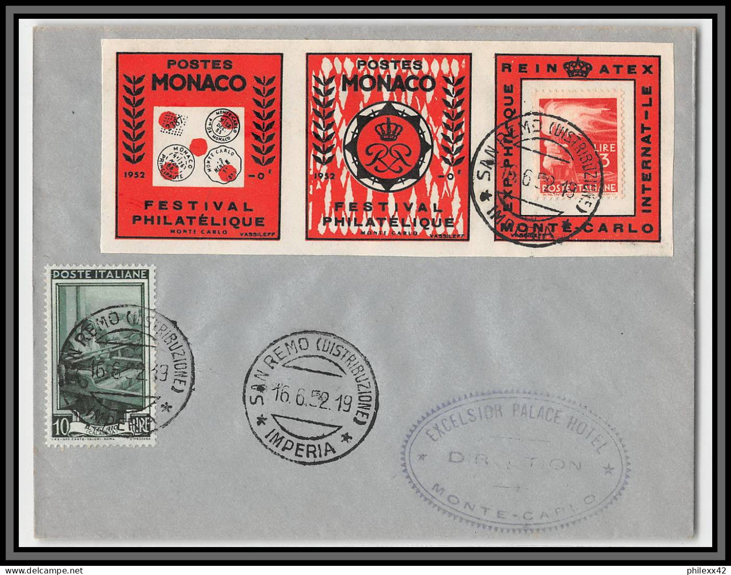 74947 Italie Italia Vignette REINATEX 1952 Affranchissement Triple Porte Timbre Stamp Holder Lettre Cover Monaco - Briefe U. Dokumente