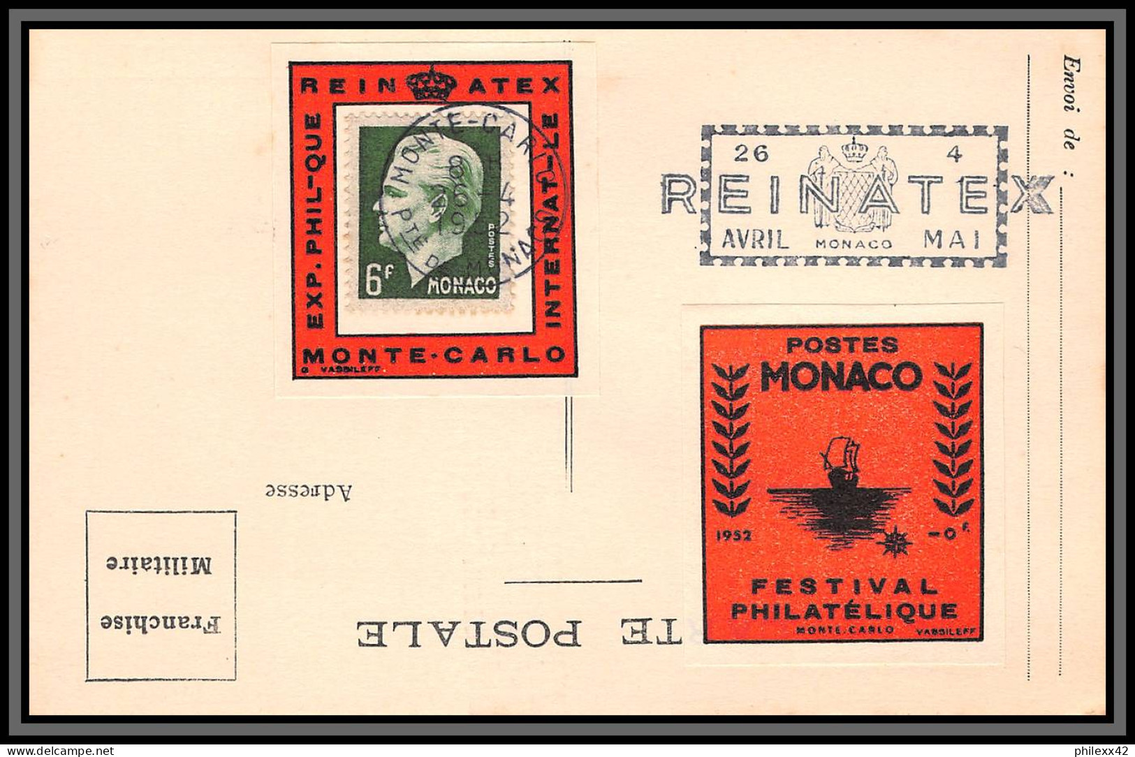 74935 N°365 Prince Raigner III 4 Vignette REINATEX 1952 Lot De 4 Porte Timbre Stamp Holders Lettre Cover Monaco - Covers & Documents