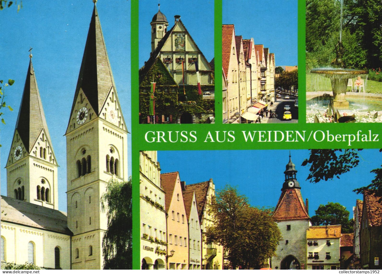 WEIDEN, BAVARIA, MULTIPLE VIEWS, ARCHITECTURE, CHURCH, TOWER WITH CLOCK, CARS, FOUNTAIN, GERMANY, POSTCARD - Weiden I. D. Oberpfalz