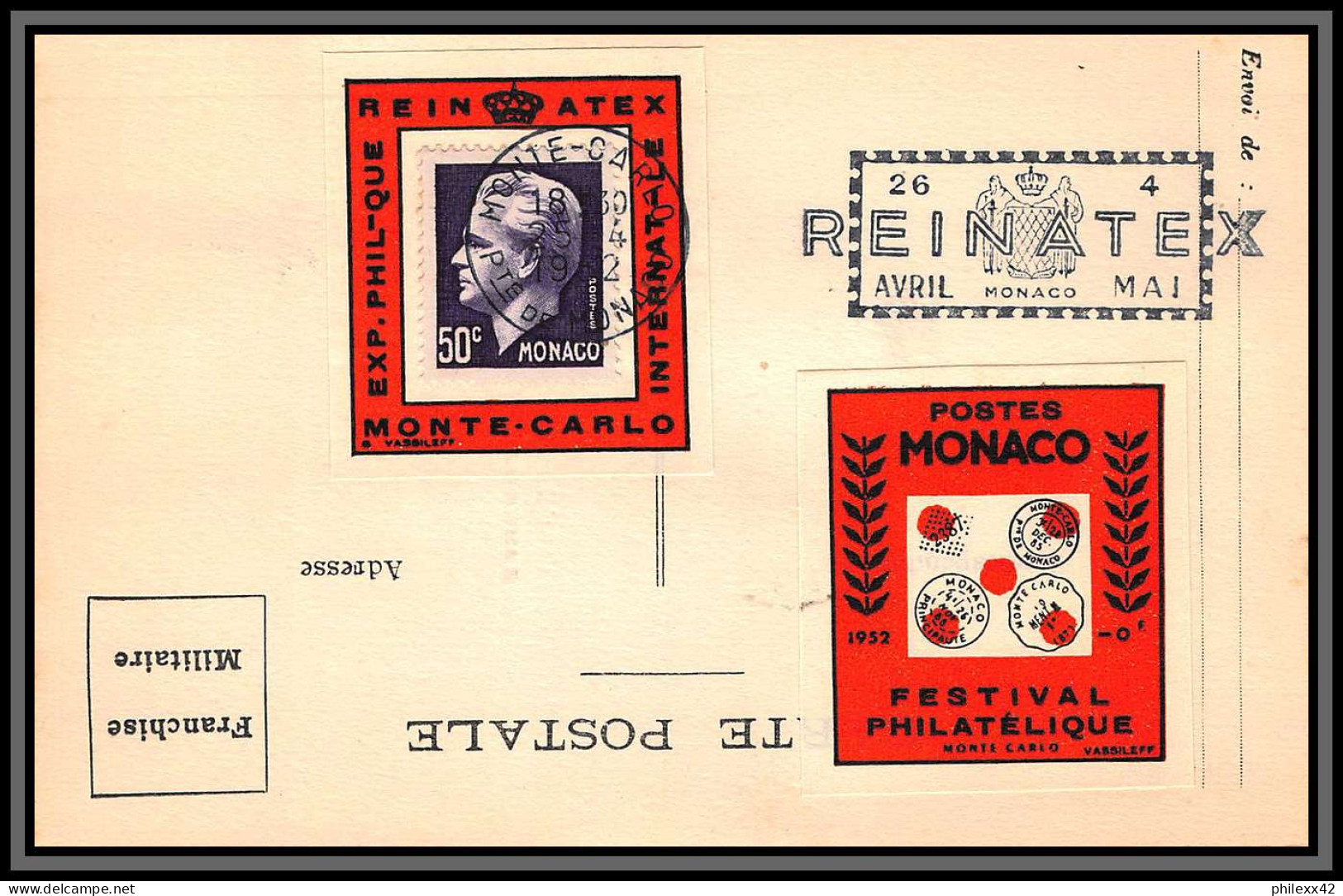 74926 (3) REINATEX 1952 joli lot collection vignette porte timbre stamp holder lettre cover Monaco france italia
