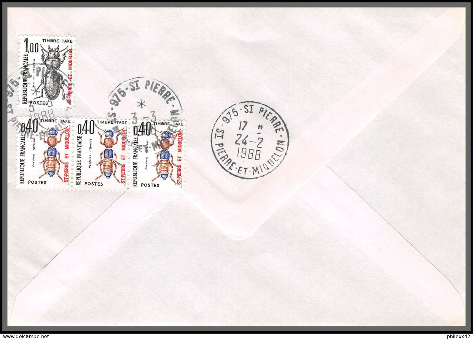 74922 2503/2514 la communication 20/2/1988 saint pierre et miquelon mixte taxe taxée insectes beetle grenoble 12 lettres