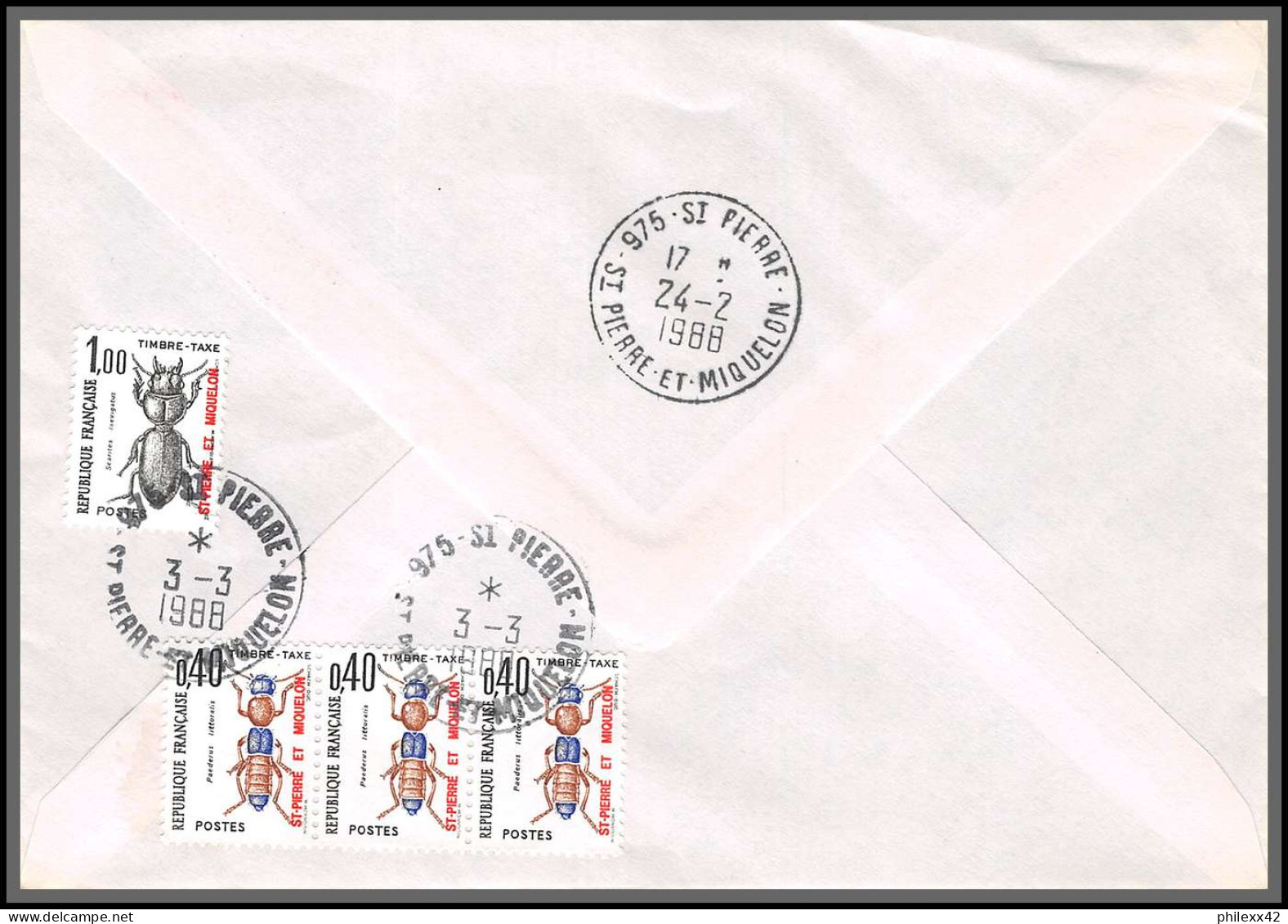 74922 2503/2514 la communication 20/2/1988 saint pierre et miquelon mixte taxe taxée insectes beetle grenoble 12 lettres