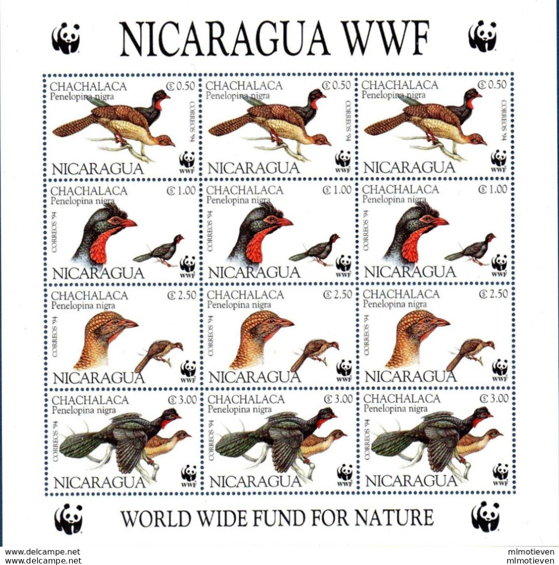 MDW-BK4-595-2 MDB MINT ¤ NICARAGUA 1994 3X4w In Serie¤ OISEAUX - BIRDS OF THE WORLD - PAJAROS - VOGELS - VÖGEL - Hoendervogels & Fazanten