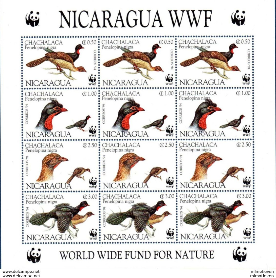 MDW-BK4-595-2 MDB MINT ¤ NICARAGUA 1994 3X4w In Serie¤ OISEAUX - BIRDS OF THE WORLD - PAJAROS - VOGELS - VÖGEL - Gallinacées & Faisans