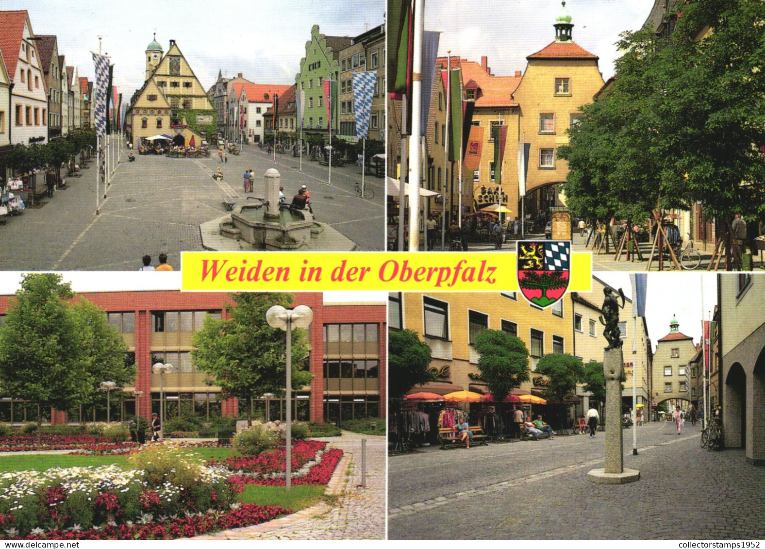 WEIDEN, BAVARIA, MULTIPLE VIEWS, ARCHITECTURE, FLAGS, FOUNTAIN, TERRACE, PARK, EMBLEM, STATUE,UMBRELLA,GERMANY, POSTCARD - Weiden I. D. Oberpfalz