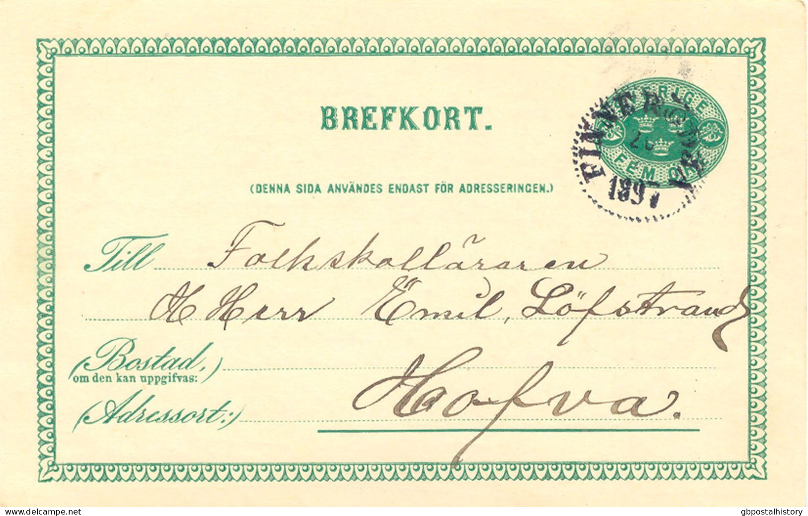 SCHWEDEN 20.4.1897, "FINNERÖDJA" K1 A. 5 (FEM) Öre Grün GA-Postkarte, Kab.    SWEDEN VILLAGE POSTMARKS - 1885-1911 Oscar II