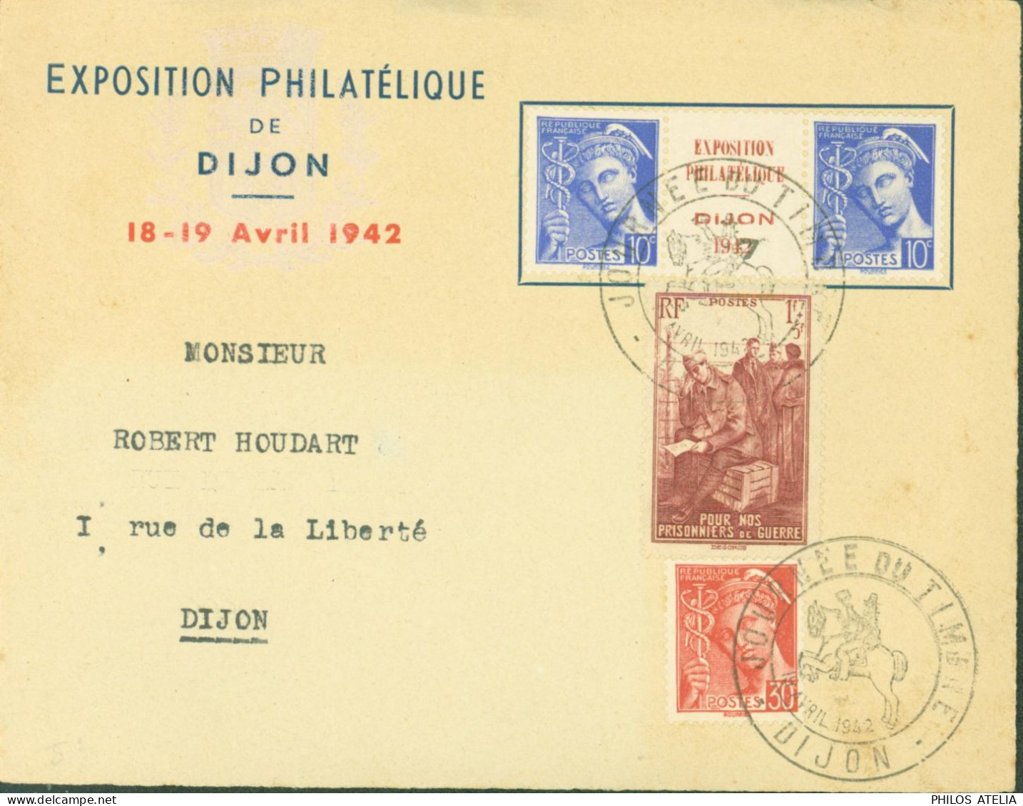 Guerre 40 Exposition Philatélique Dijon Avril 1942 YT 407 Paire Mercure Avec Inter Panneau Surcharge De L'expo + 412 475 - WW II