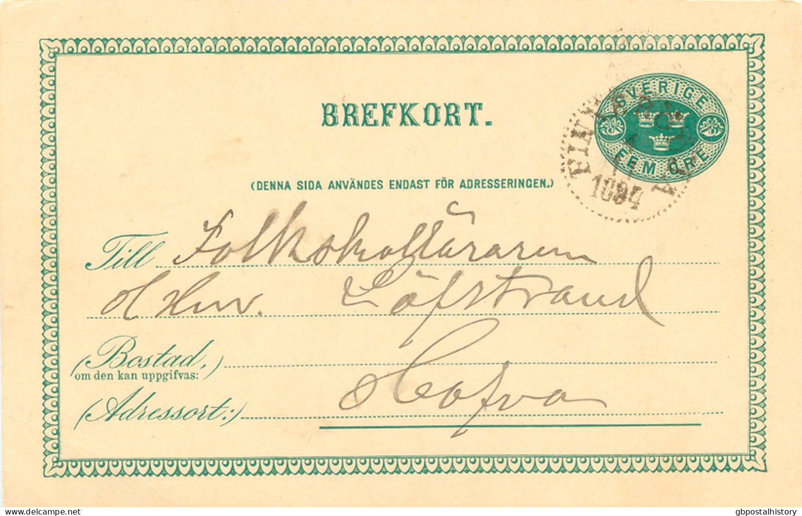 SCHWEDEN 4.11.1894, "FINNERÖDJA" K1 A. 5 (FEM) Öre Grün GA-Postkarte, Kab.  SWEDEN VILLAGE POSTMARKS - 1885-1911 Oscar II