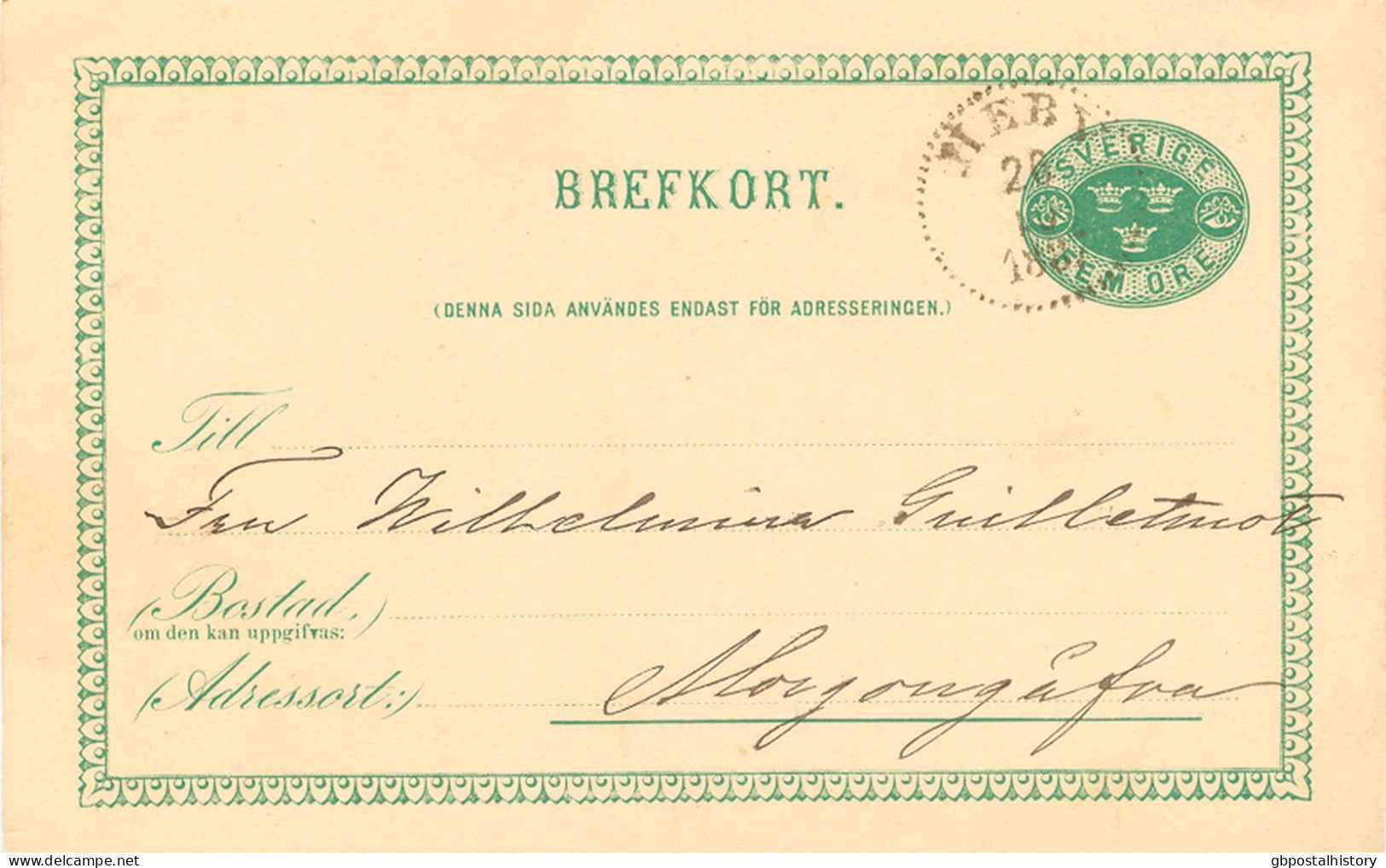 SCHWEDEN 26.10.1887, "HEBY" K1 Klar A. 5 (FEM) Öre Grün GA-Postkarte, Kab.    SWEDEN VILLAGE POSTMARKS - 1885-1911 Oscar II