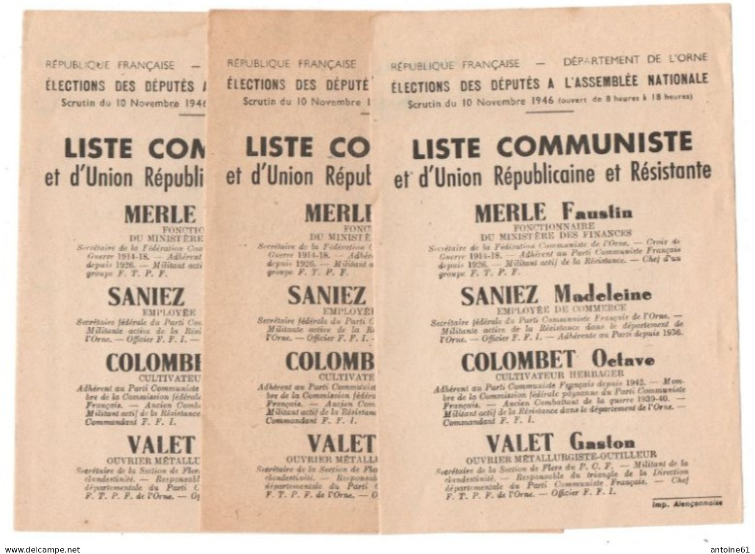 PARTI COMMUNISTE De  L' ORNE  Election De 1946 --  3 Affichettes ,texte Interessant  Sur L'aprés Guerre - Parteien & Wahlen