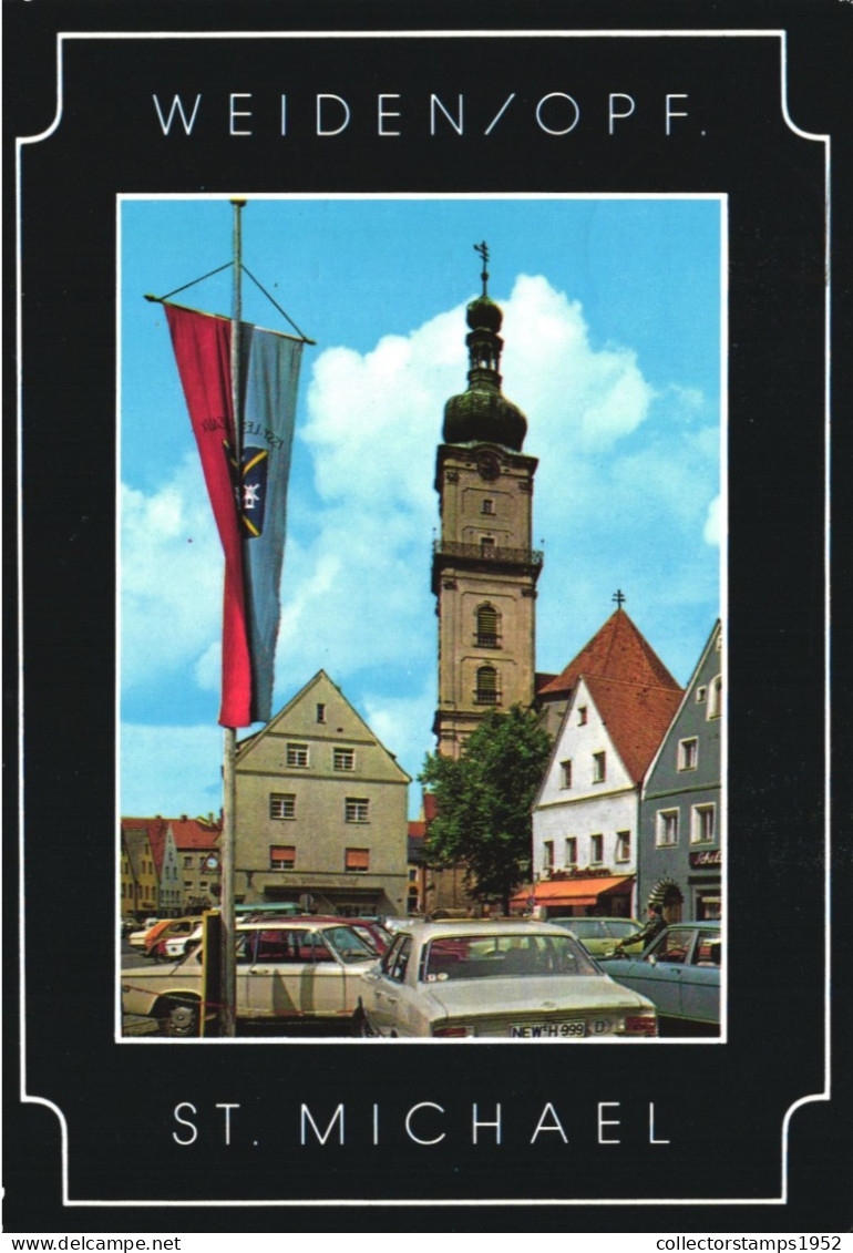 WEIDEN, BAVARIA, ARCHITECTURE, ST. MICHAEL CHURCH, CARS, FLAG, GERMANY, POSTCARD - Weiden I. D. Oberpfalz