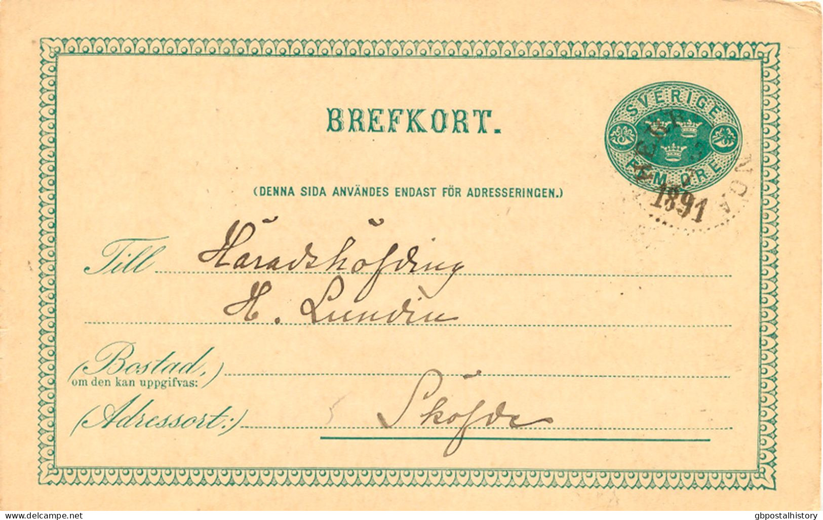 SCHWEDEN 3.7.1891, "HERRLJUNGA" K1 A. 5 (FEM) Öre Grün GA-Postkarte, Pra.    SWEDEN VILLAGE POSTMARKS - 1885-1911 Oscar II