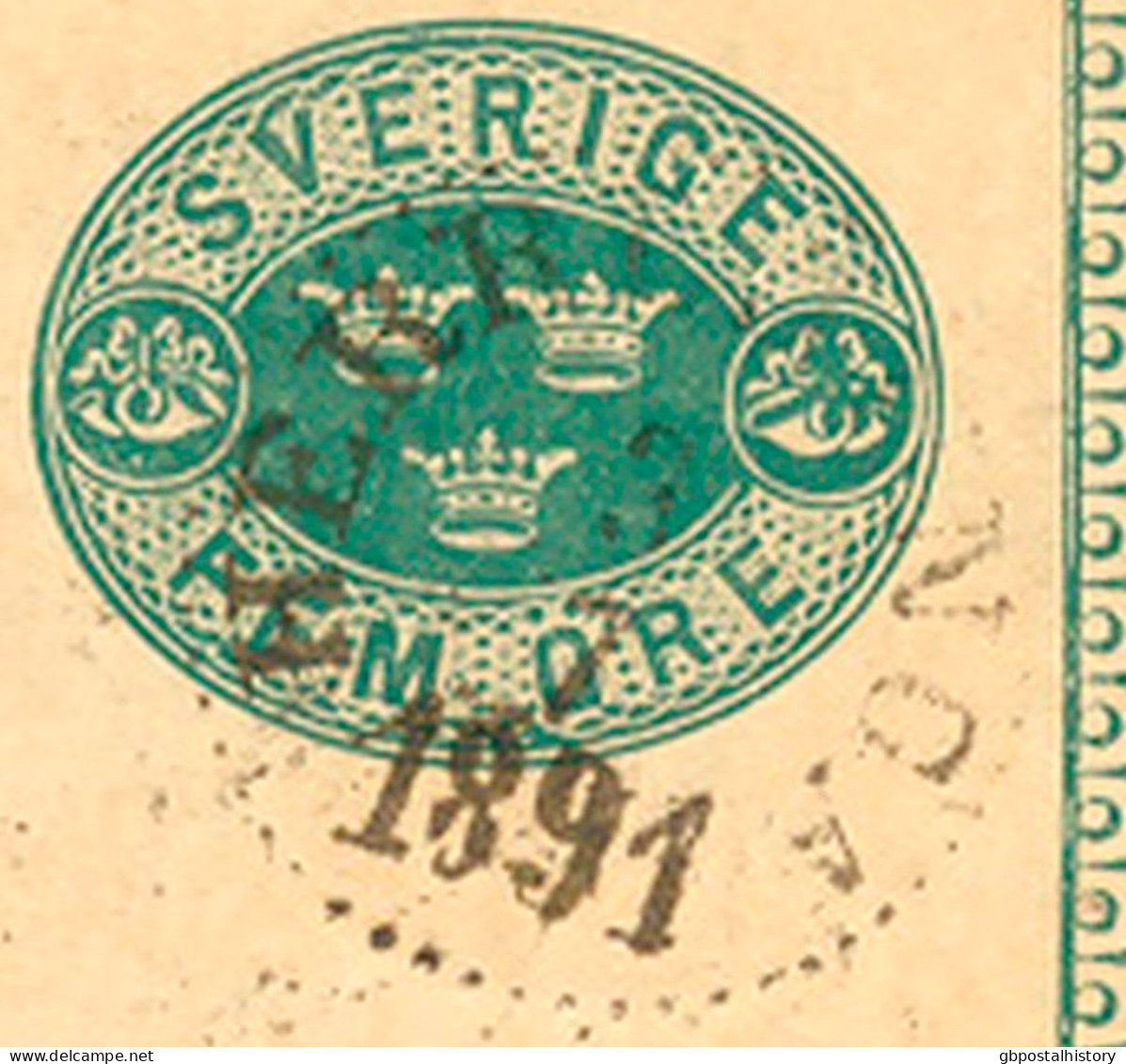 SCHWEDEN 3.7.1891, "HERRLJUNGA" K1 A. 5 (FEM) Öre Grün GA-Postkarte, Pra.    SWEDEN VILLAGE POSTMARKS - 1885-1911 Oscar II