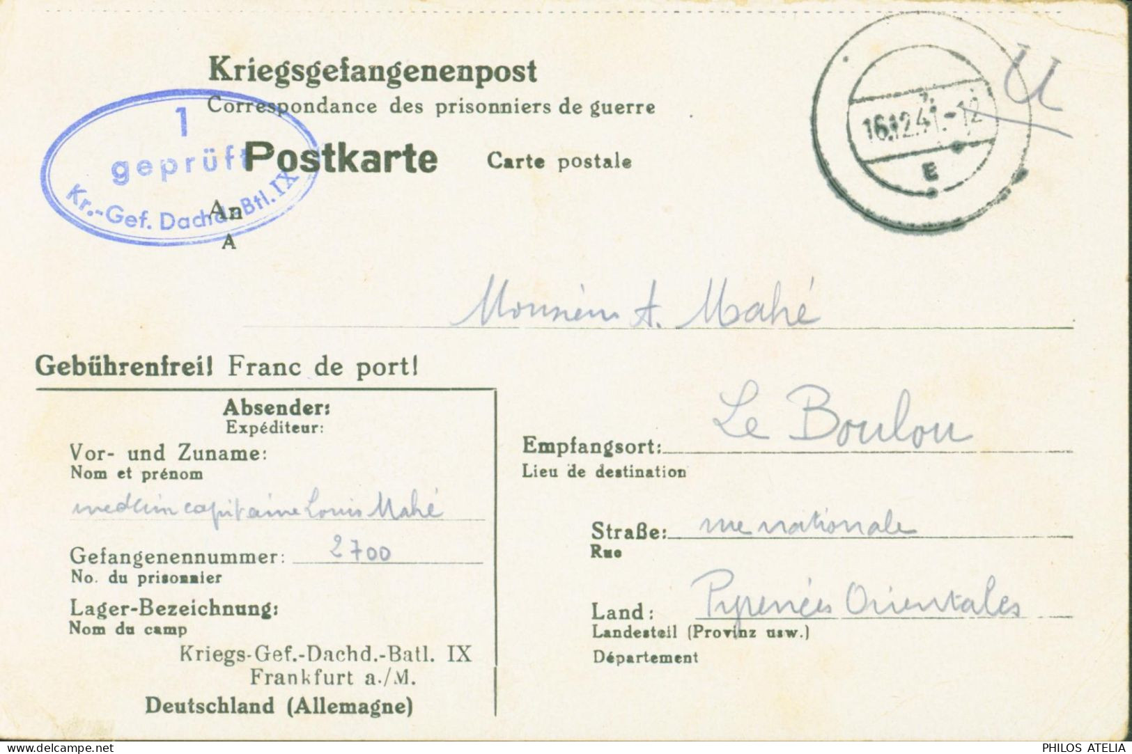 Guerre 40 Prisonnier Kriegsgefangenenpost Kriegs Gef Dachd Batl IX Frankfurt A/M Censure Camp CAD Muet 16 12 1941 - WW II