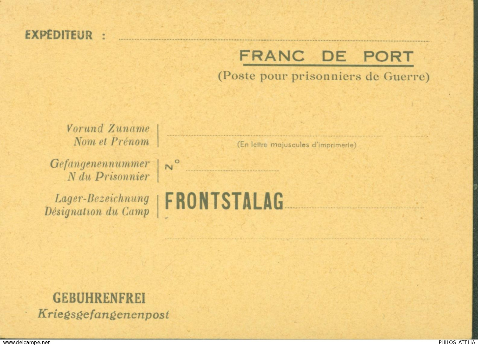 Guerre 40 Franc De Port Poste Pour Prisonniers De Guerre Neuve A Désignation Du Camp Mention Fronstalag - Guerre De 1939-45