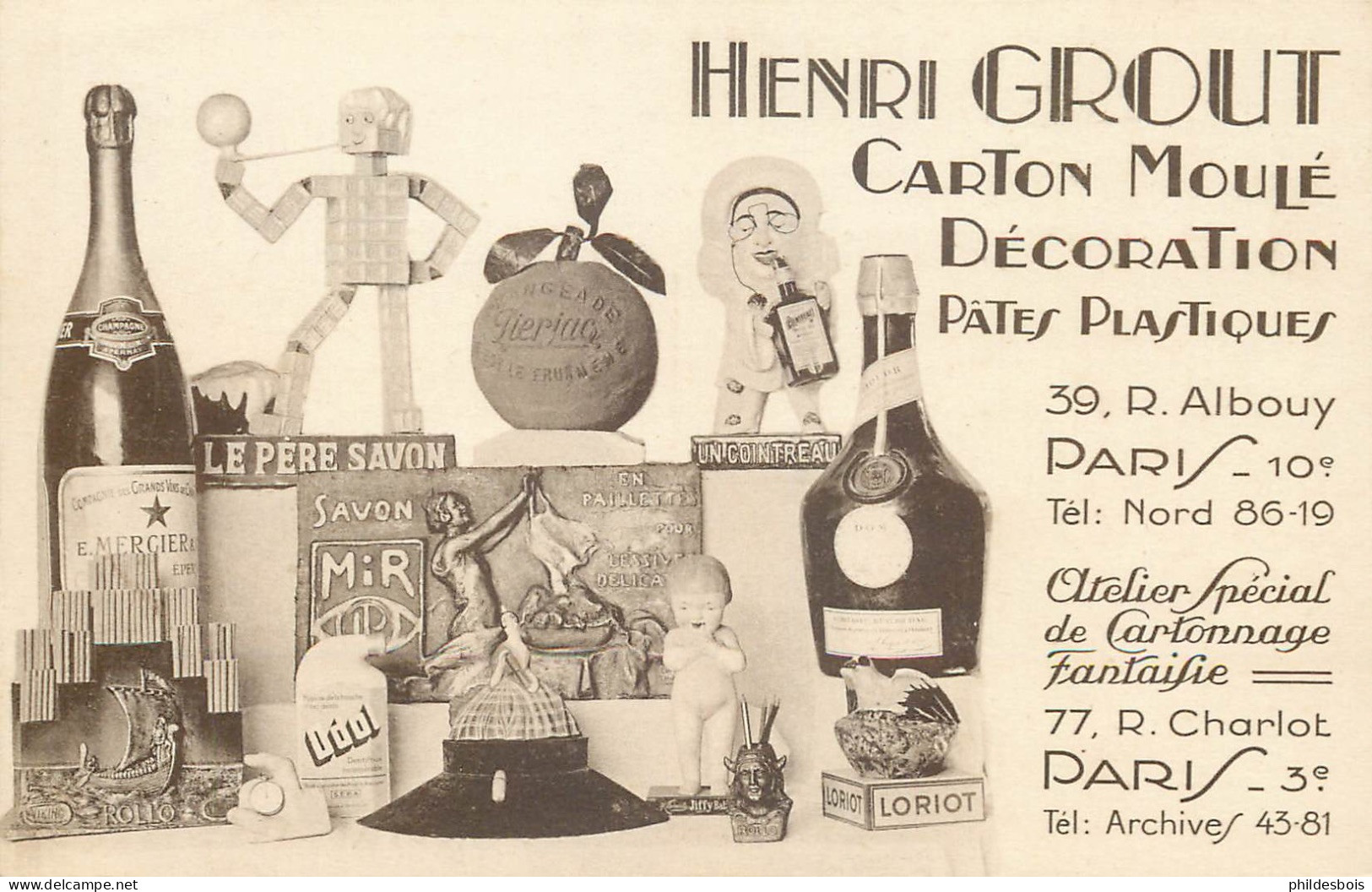 CARTE PUBLICITAIRE  Henri GROUT      " Carton Moulé , Décoration    " Rue Charlot Paris - Publicité