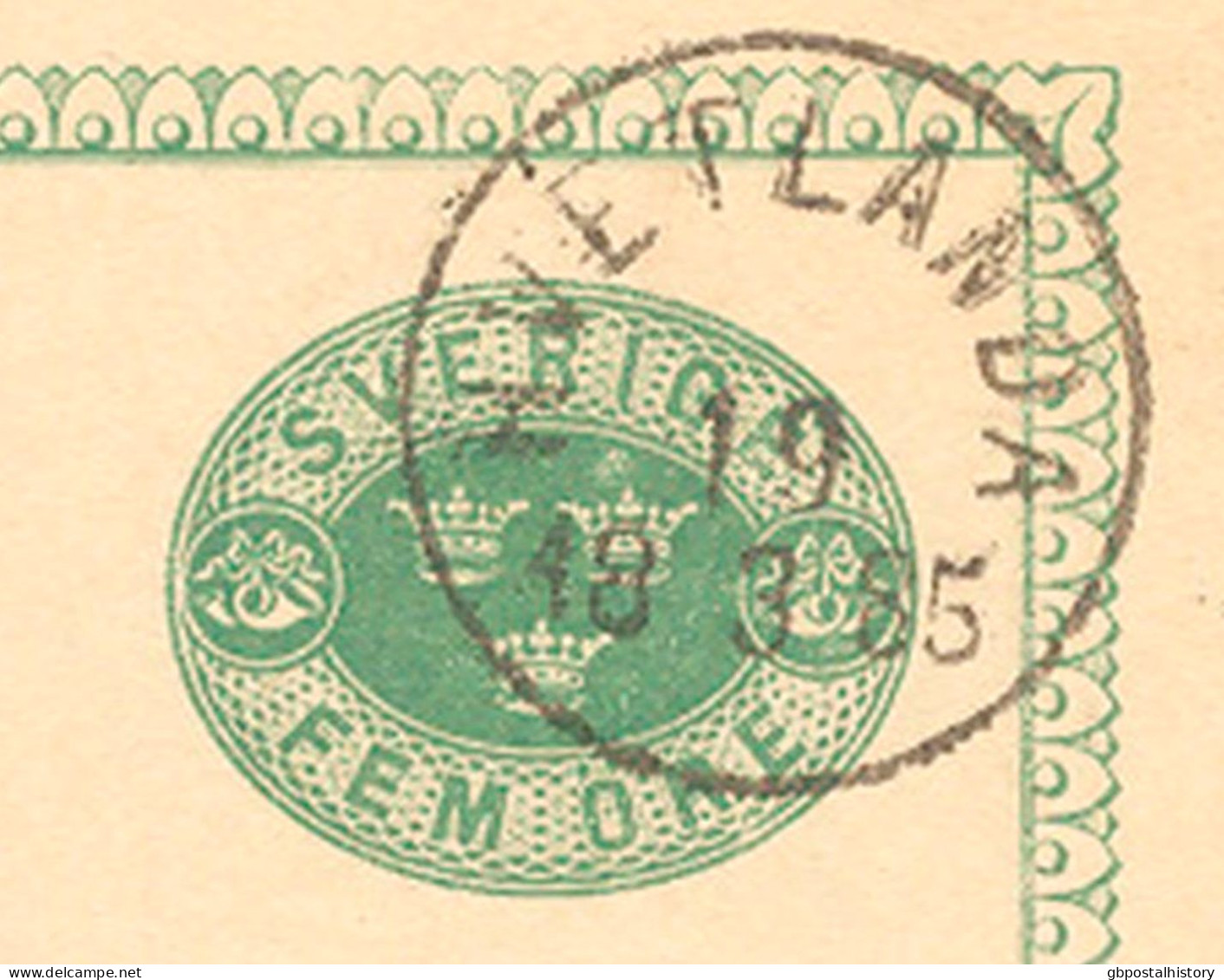 SCHWEDEN 19.3.1885, "HVETLANDA" (VETLANDA) K1 Glasklar A. 5 (FEM) Öre Grün GA-Postkarte, Frühverwendung, Luxus-Erh. - 1885-1911 Oscar II