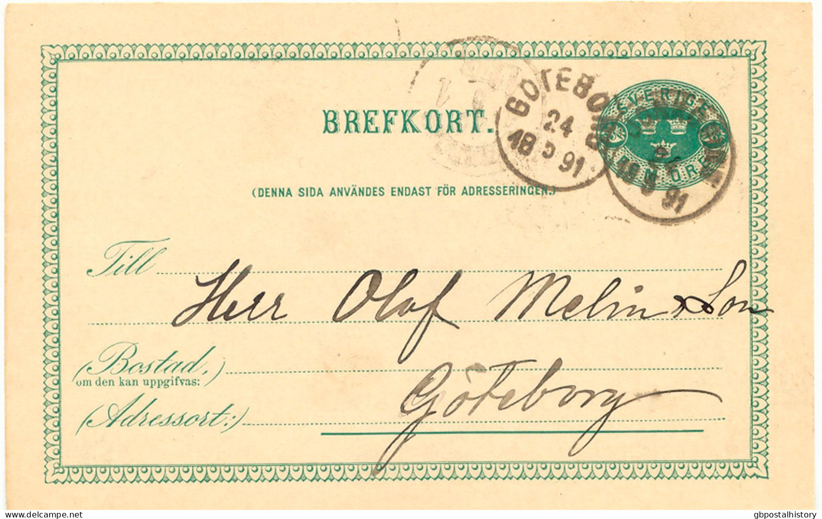 SCHWEDEN 1891, "JÖNKÖPING" Und "GÖTEBORG" K1 Klar A. 5 (FEM) Öre Grün GA-Postkarte, Kab.    SWEDEN VILLAGE POSTMARKS - 1885-1911 Oscar II