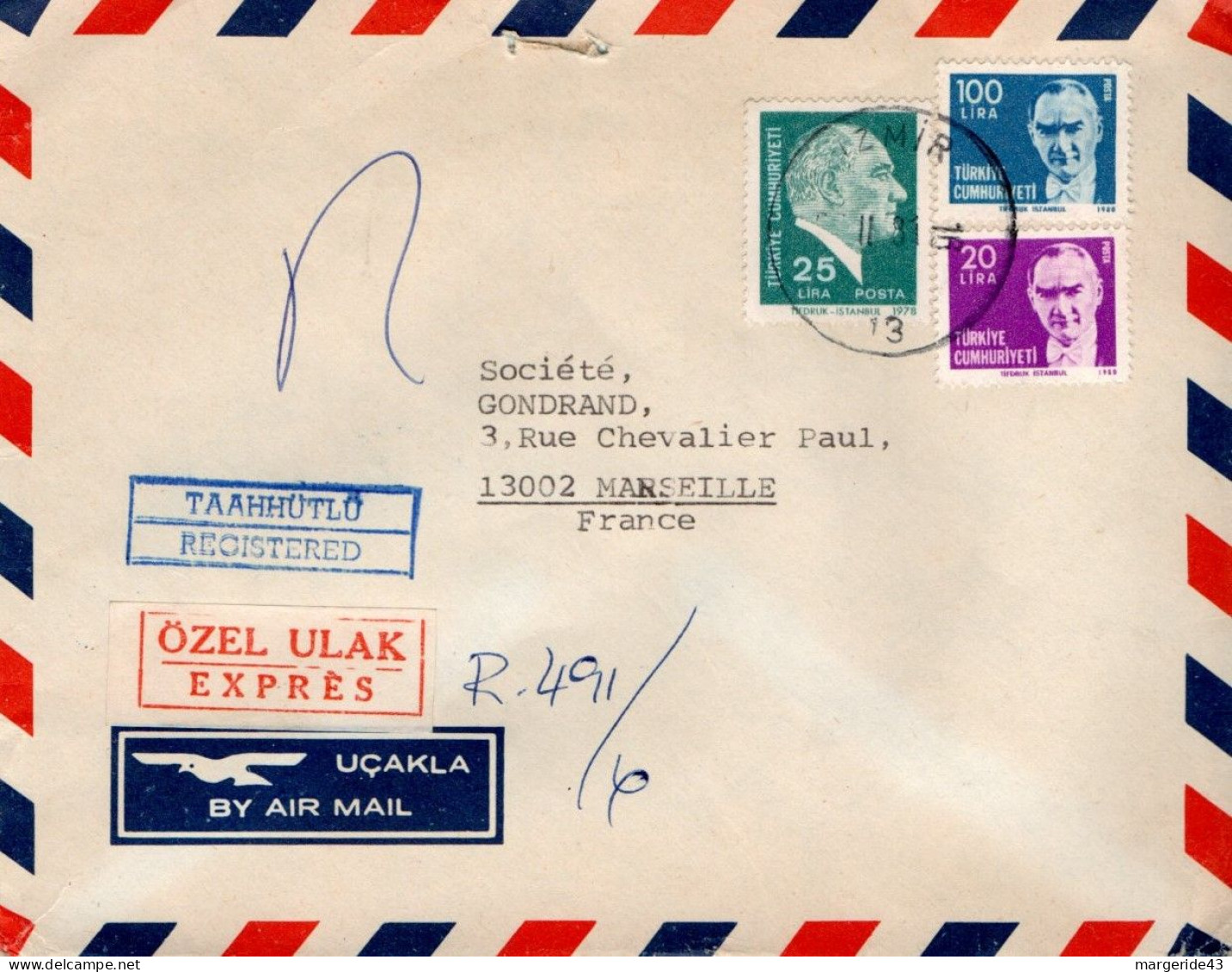 TURQUIE AFFRANCHISSEMENT COMPOSE SUR LETTRE EXPRES RECOMMANDEE POUR LA FRANCE 1981 - Covers & Documents