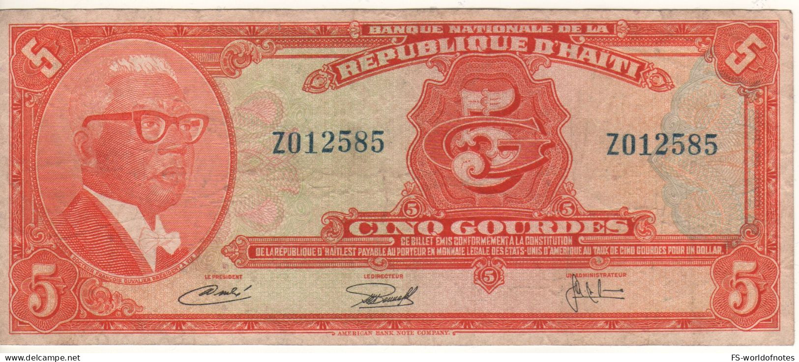 HAITI  5 Gourdes   P202    " Conv. 12.04.1919 " ( President Dr. François Duvalier ) - Haiti