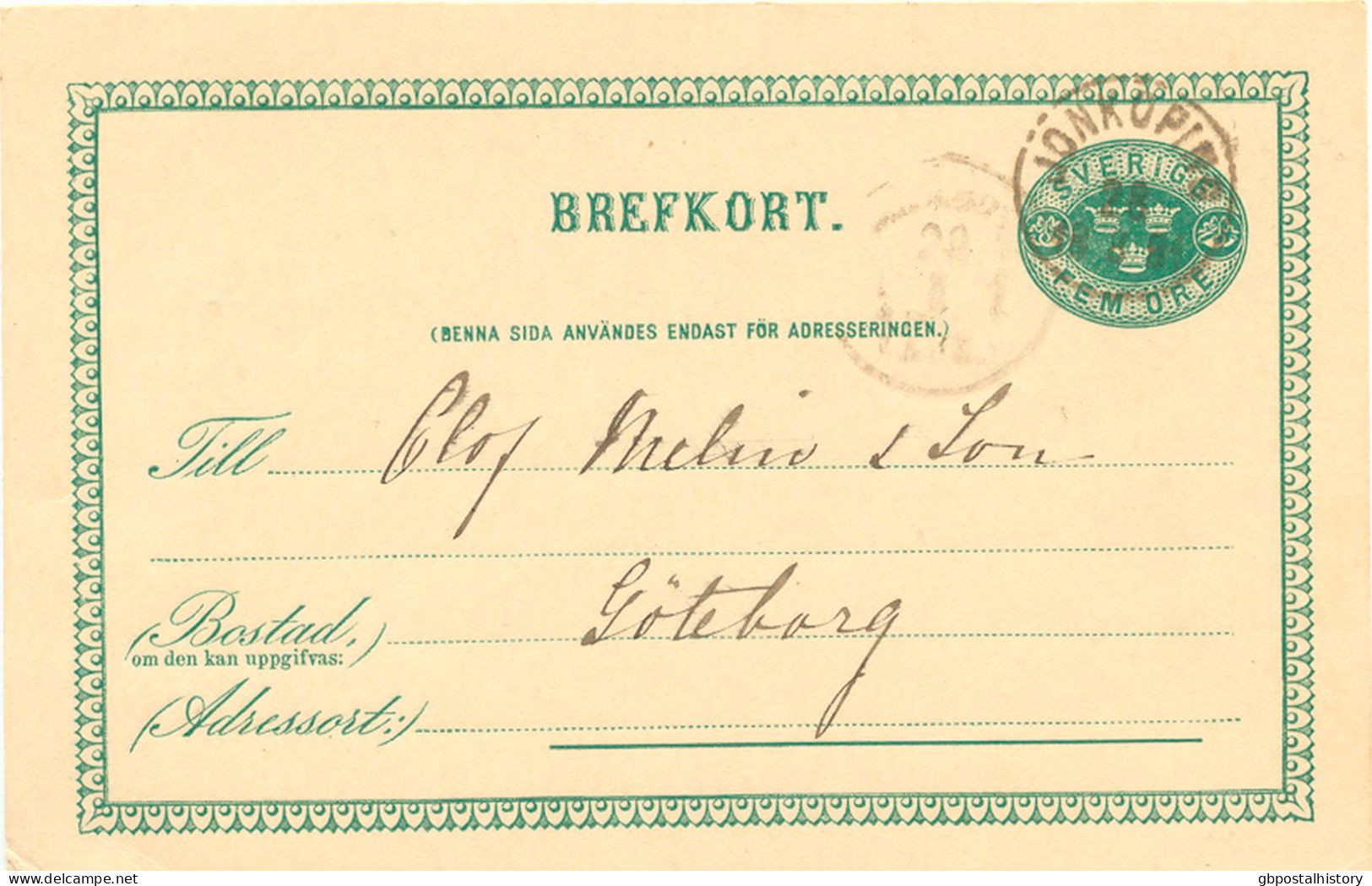 SCHWEDEN 28.8.1891, "JÖNKÖPING" Kleiner K1 Klar A. 5 (FEM) Öre Grün GA-Postkarte, Kab.    SWEDEN VILLAGE POSTMARKS - 1885-1911 Oscar II