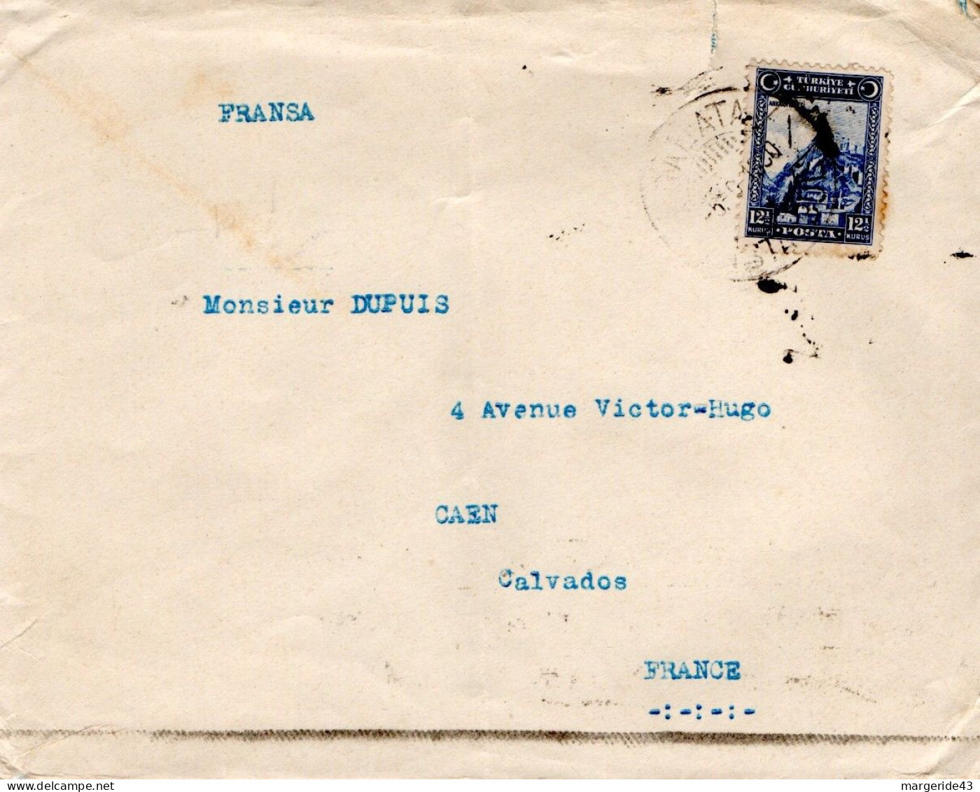 TURQUIE SEUL SUR LETTRE POUR LA FRANCE 1930 - Briefe U. Dokumente