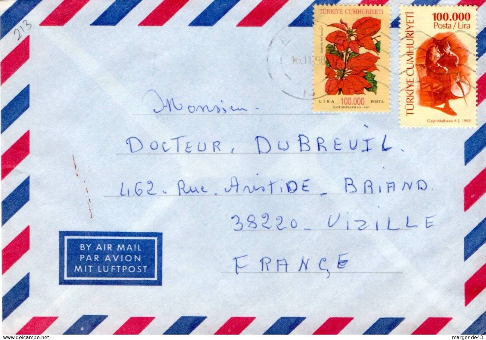 TURQUIE AFFRANCHISSEMENT COMPOSE SUR LETTRE POUR LA FRANCE 1998 - Briefe U. Dokumente