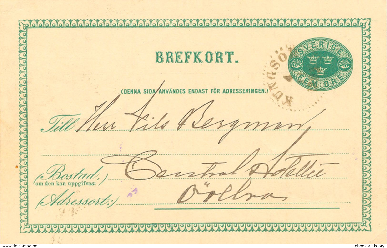 SCHWEDEN 4.11.1893, "KUNGSÖR" K1 Und Rückseitig K2 "ÖRE BRO 1 TUR." A. 5 (FEM) Öre Grün GA-Postkarte, Kab. - 1885-1911 Oscar II