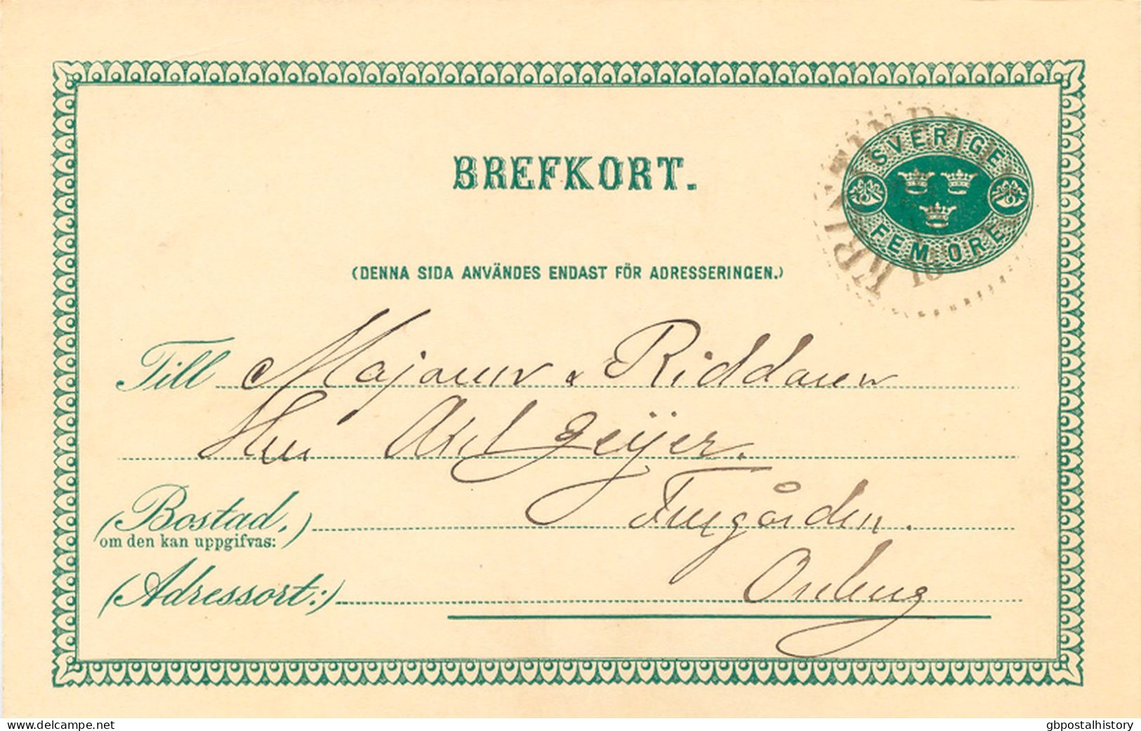 SCHWEDEN 20.10.1895, "KRISTINEHAMN" K1 Klar A. 5 (FEM) Öre Grün GA-Postkarte, Kab.    SWEDEN VILLAGE POSTMARKS - 1885-1911 Oscar II