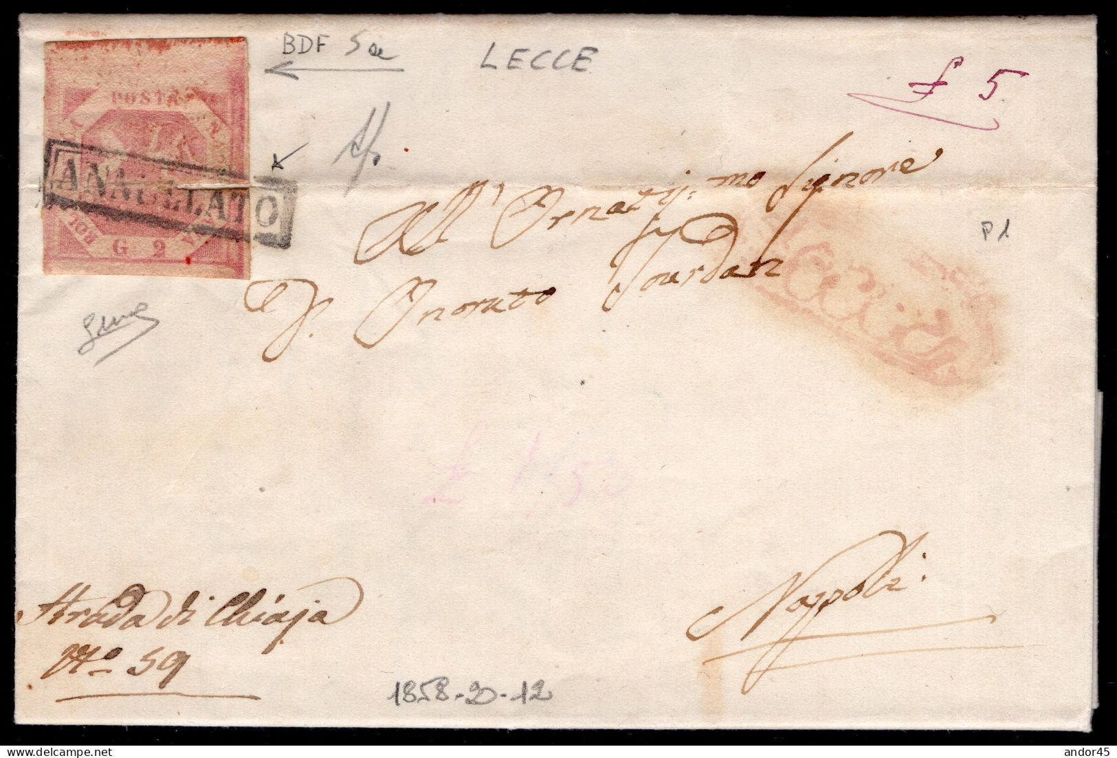 1858 20 DIC  2 GR.ROSA LILLACEO I°TAVOLA SASS.5a CON BORDO DI FOGLIO OTTIMI MARGINI SU PIEGO DI LETTERA DA LECCE X NAPOL - Naples