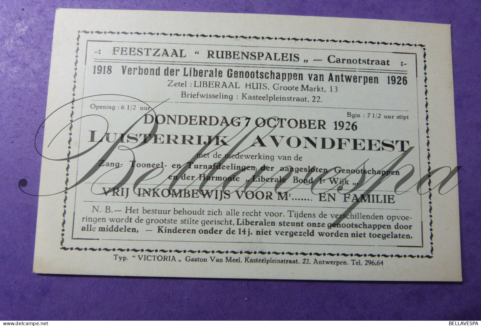 Feestzaal Rubenspaleis Carnotstr Antwerpen Liberaal Liberale Genootschap 1926 Avondfeest Harmonie Liberale Bond Ie Wijk - Tickets D'entrée