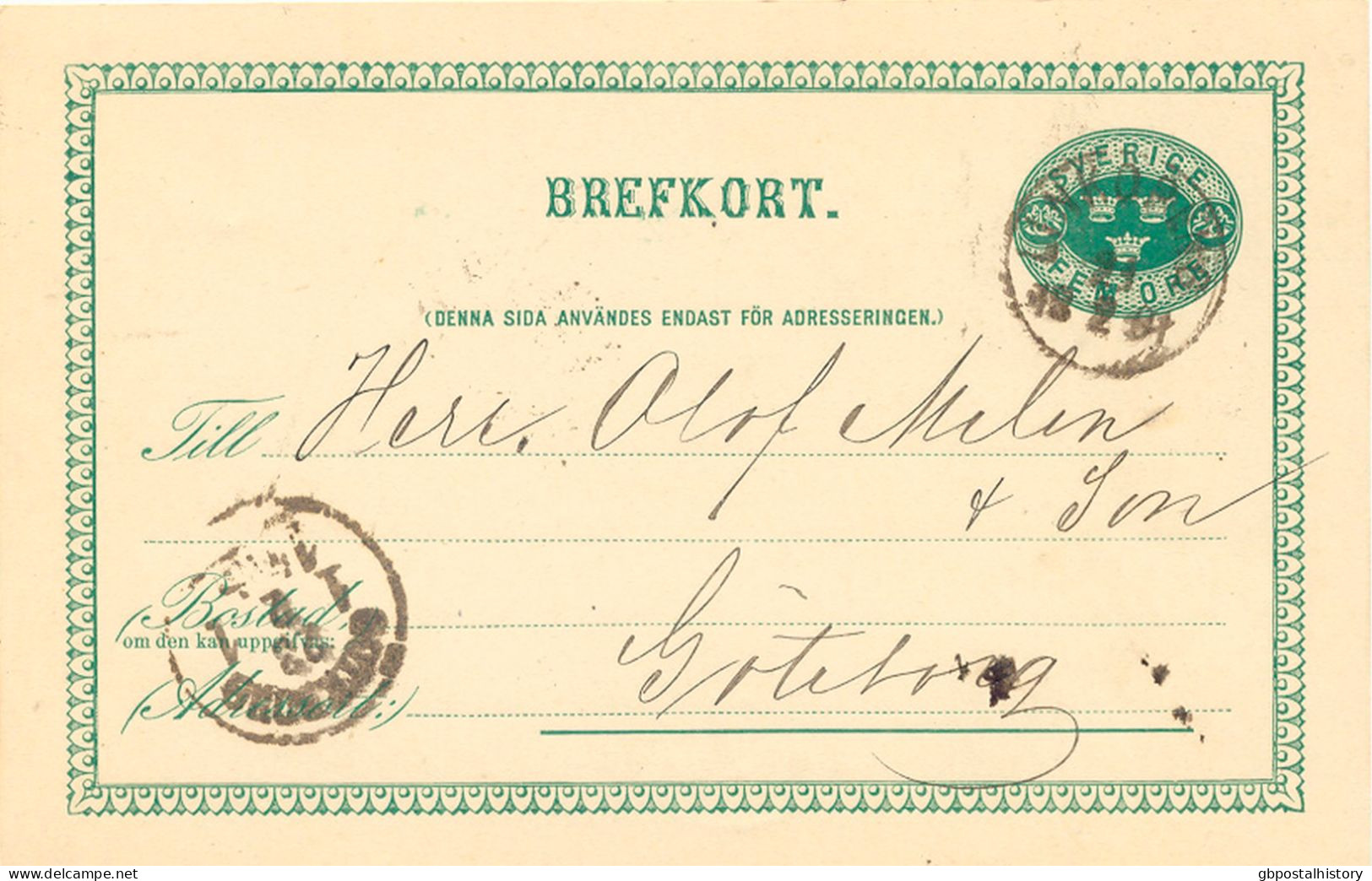 SCHWEDEN 21.2.1891, "LINKÖPING" Und "GÖTEBORG 1 1 TUR." K1, Rs. "GÖTEBORG" K1 A. 5 (FEM) Öre Grün GA-Postkarte, Pra. - 1885-1911 Oscar II