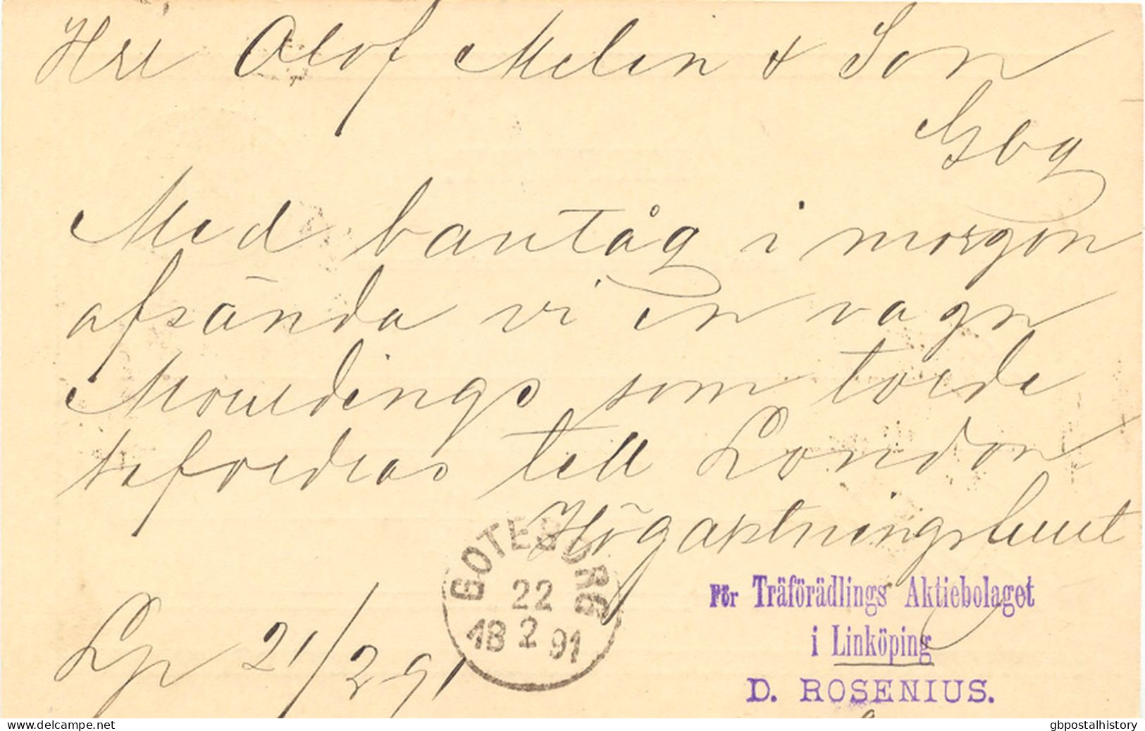 SCHWEDEN 21.2.1891, "LINKÖPING" Und "GÖTEBORG 1 1 TUR." K1, Rs. "GÖTEBORG" K1 A. 5 (FEM) Öre Grün GA-Postkarte, Pra. - 1885-1911 Oscar II