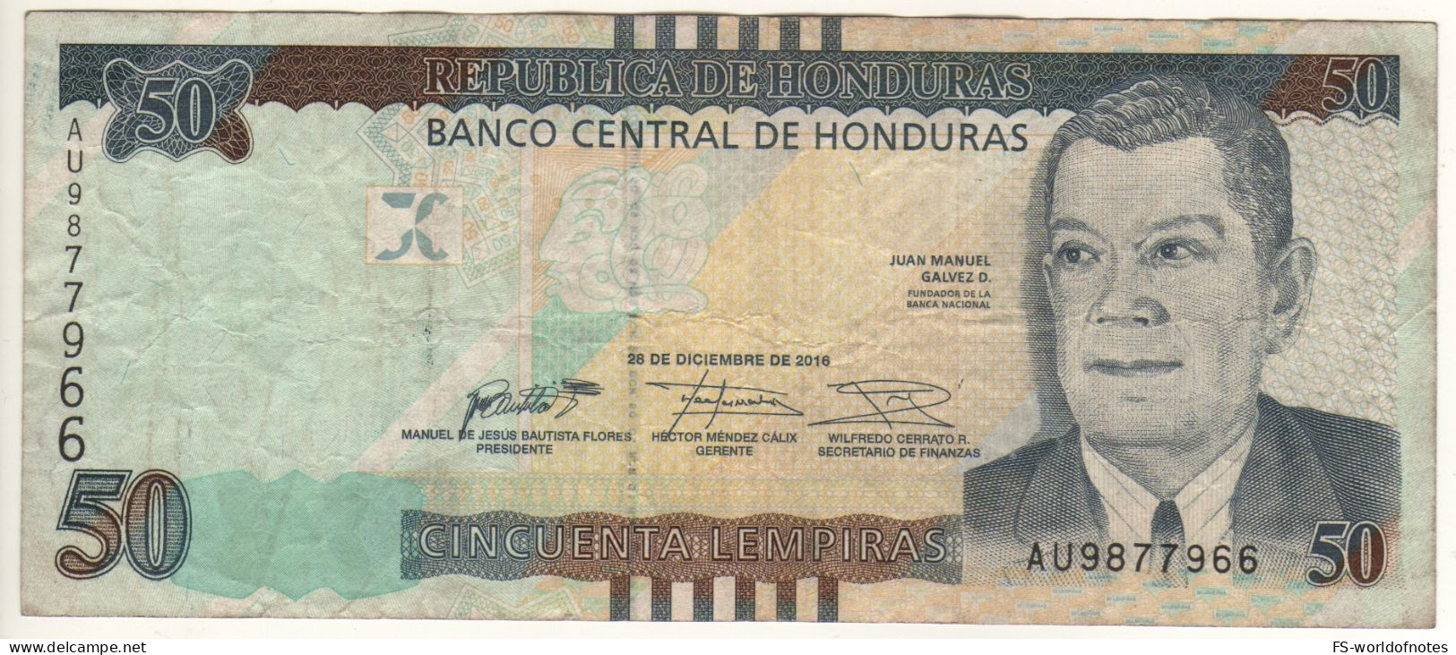 HONDURAS  50  Lempiras PW104a  Dated  28.12.2016  ( Juan Manuel Gálvez Duronat + Banco Central At Back) - Honduras