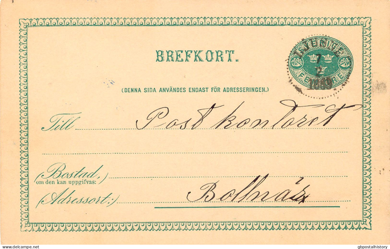 SCHWEDEN 7.2.1889, "LJUSNE" K1 Klar A. 5 (FEM) Öre Grün GA-Postkarte, Kab.    SWEDEN VILLAGE POSTMARKS - 1885-1911 Oscar II