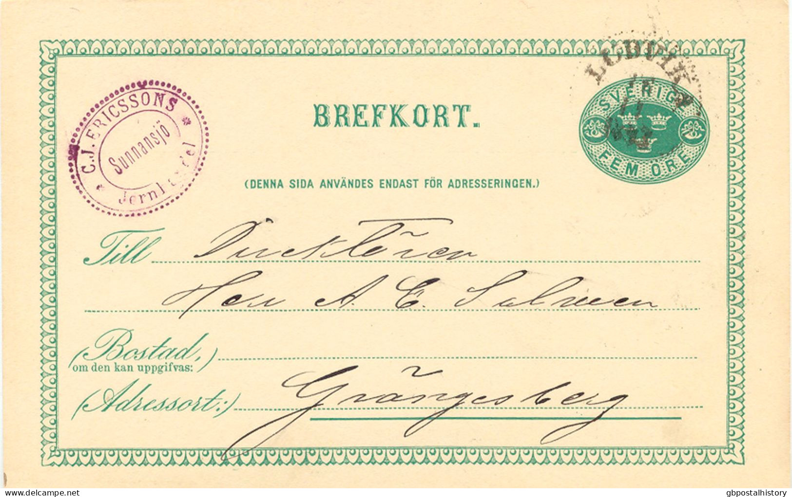 SCHWEDEN 16.11.1893, "LUDVIKA" K1 Klar A. 5 (FEM) Öre Grün GA-Postkarte M. Viol. Absenderstempel, Kab.    SWEDEN VILLAGE - 1885-1911 Oscar II