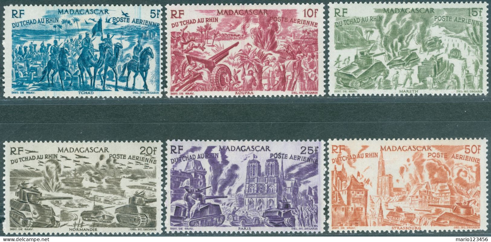 MADAGASCAR, POSTA AEREA, AIRMAIL, CHAD TO RHINE, 1946, FRANCOBOLLI NUOVI (MLH*) Scott:MG C45-C50 - Nuovi