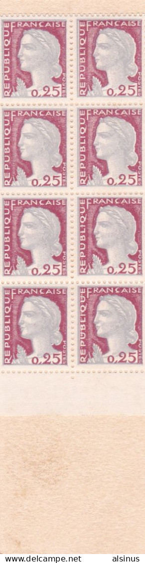 FRANCE - 1960 - MARIANNE DE DECARIS - N° 1263 - 25 C TYPE II - GRIS ET CARMIN - CARNET DE 8 TIMBRES - PUB CALBERSON - 1960 Marianna Di Decaris