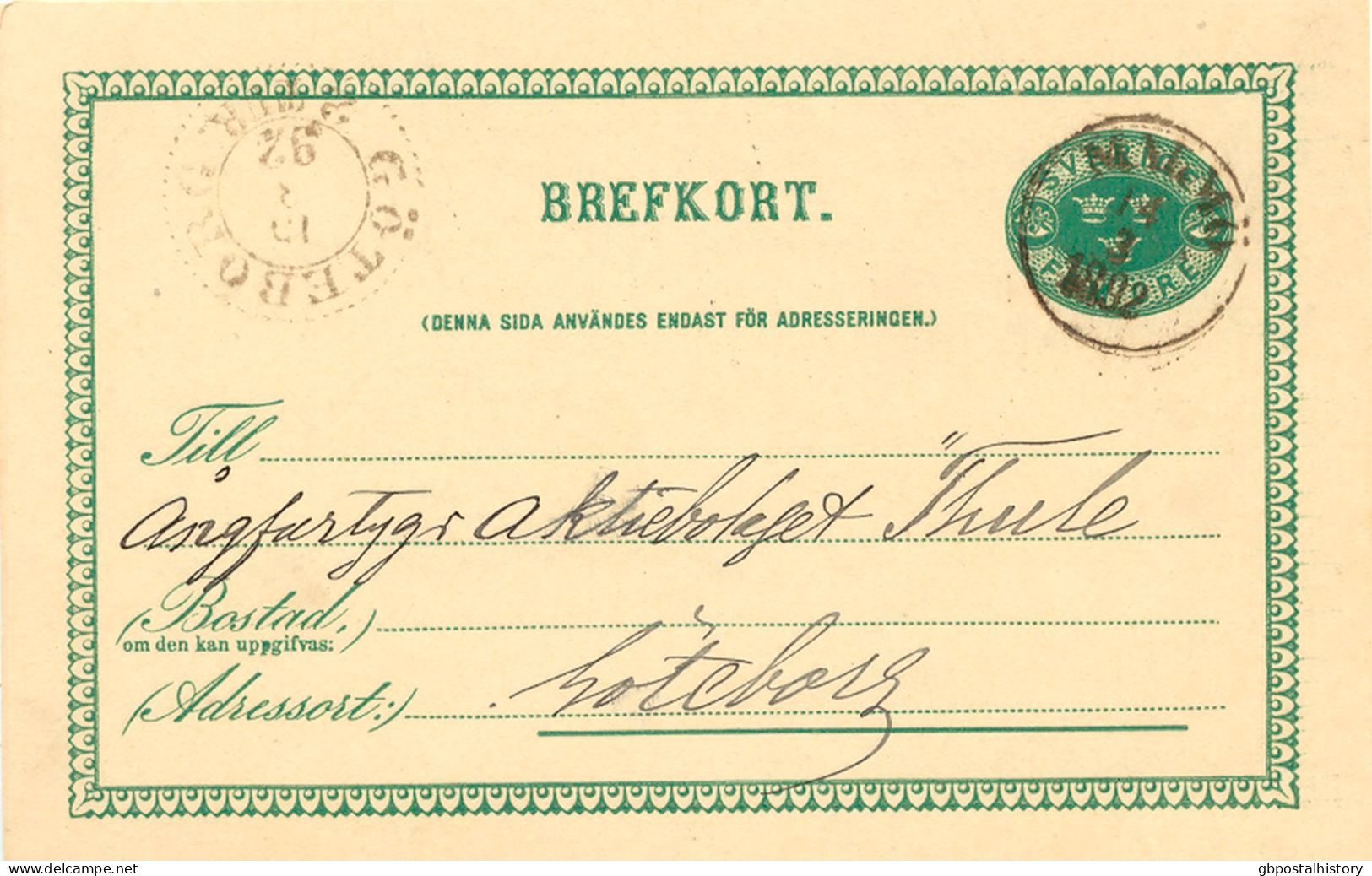 SCHWEDEN 1892 "MALMÖ" K1 U "GÖTEBORG 2 TUR." K2 Klar A. 5 (FEM) Öre Grün GA-Postkarte, Kab.    SWEDEN VILLAGE POSTMARKS - 1885-1911 Oscar II