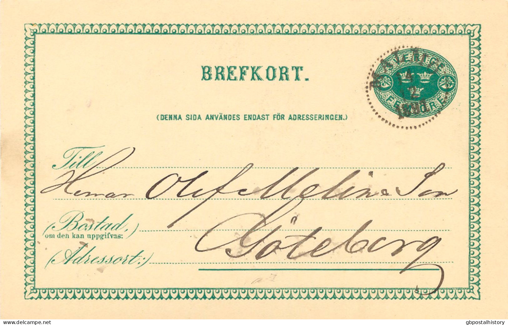 SCHWEDEN 14.12.1891, "MALMÖ" K1 Klar A. 5 (FEM) Öre Grün GA-Postkarte, Kab.    SWEDEN VILLAGE POSTMARKS - 1885-1911 Oscar II