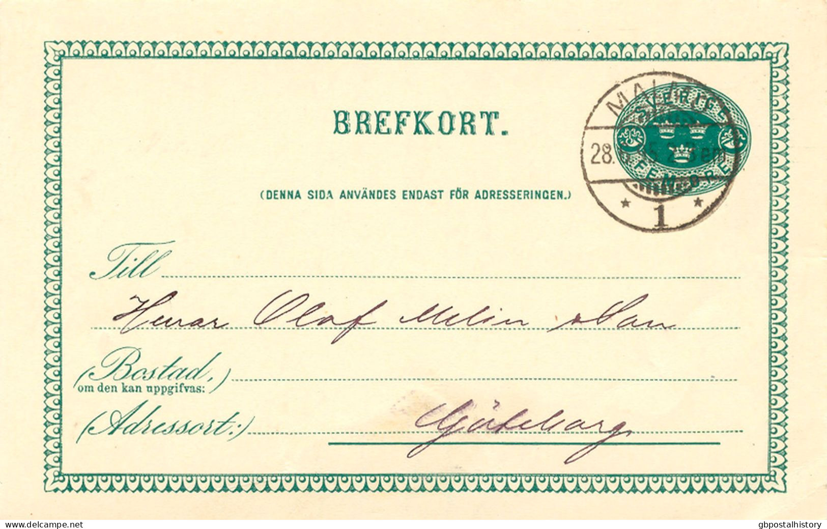 SCHWEDEN 28.6.1895, "MALMÖ 1" Selt. K2 Und Rs. "GÖTEBORG 1 TUR." K2 A. 5 (FEM) Öre Grün GA-Postkarte, Pra. - 1885-1911 Oscar II