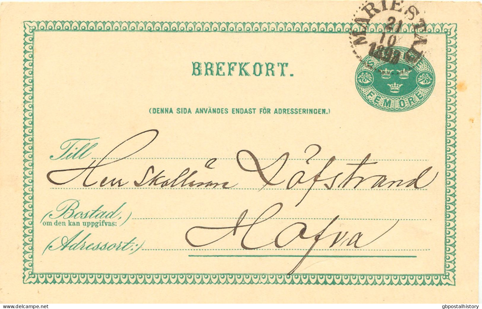 SCHWEDEN 1893 "MARIESTAD" K1, Kleiner Type,  Glasklar A. 5 (FEM) Öre Grün GA-Postkarte, Pra.    SWEDEN VILLAGE POSTMARKS - 1885-1911 Oscar II