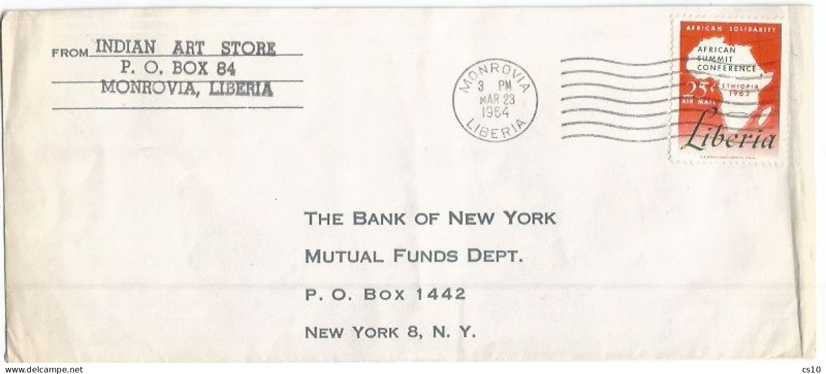 Liberia Commerce AirmailCV 23mar1964 To NY Bank With African Summit In Ethiopia 1963 C.25 Solo Franking - Liberia