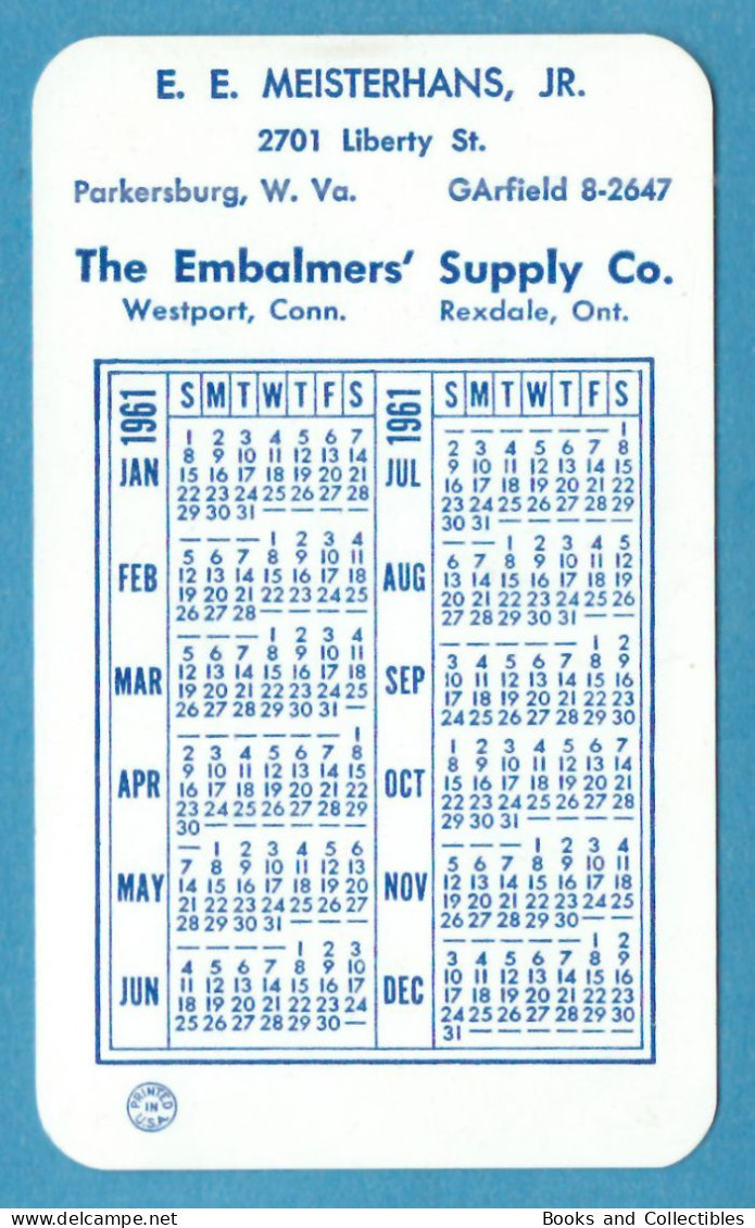 H-0700 * Calendario 1961 - 5,8 X 9,6 Cm - "ARTIFICIAL RESPIRATION" The Embalmers' Supply Co., U.S.A. - Petit Format : 1961-70