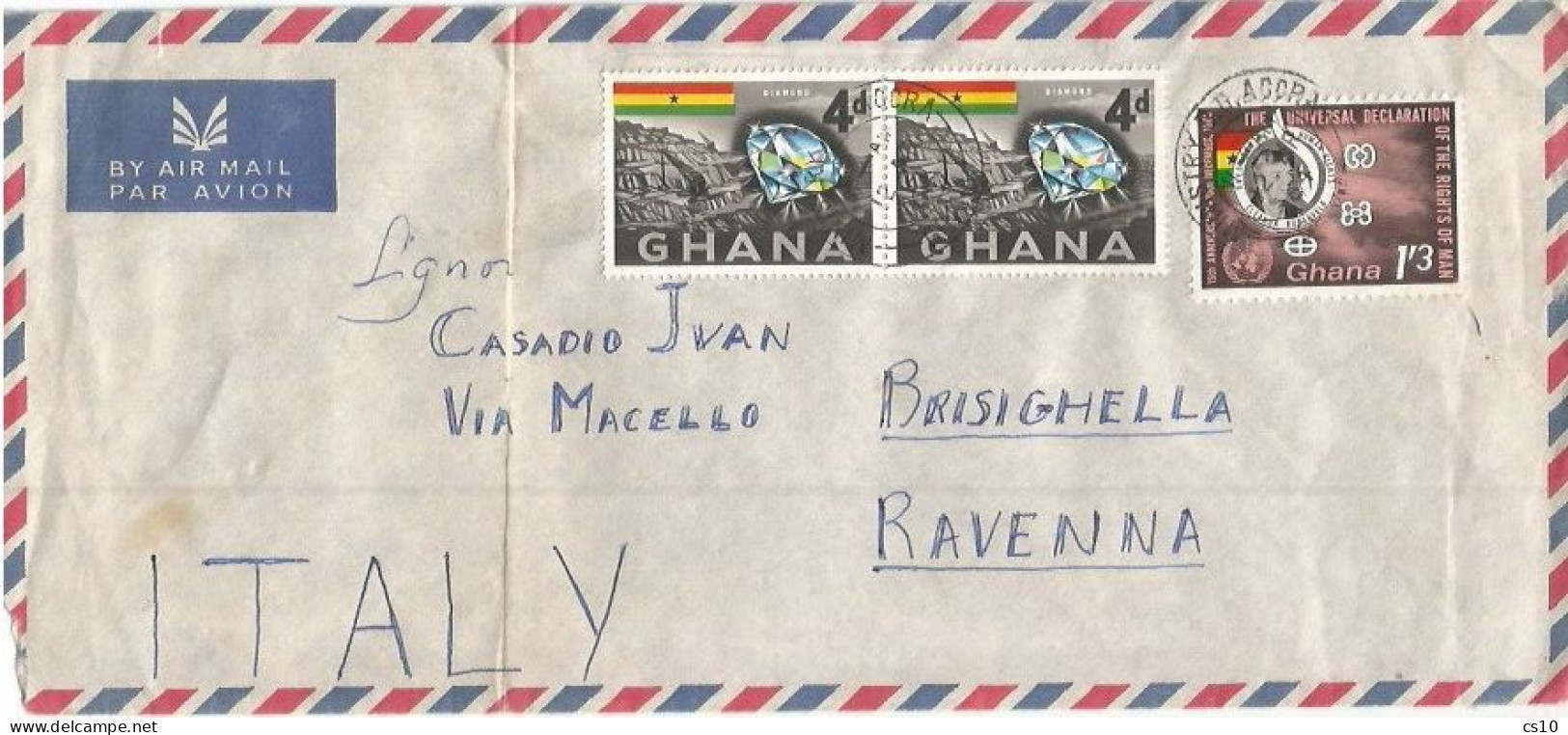 Ghana Airmail Cover Accra 12mar1964 To Italy With Diamond C4 X2pcs + Human Right Declaration 1S3 - Ghana (1957-...)