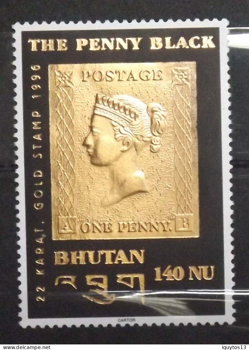 BHOUTAN 1996 - THE PENNY BLACK - ONE PENNY BHUTAN 140 NU - TIMBRE En Partie En OR 22 Karat - Parfait Etat - Bhoutan